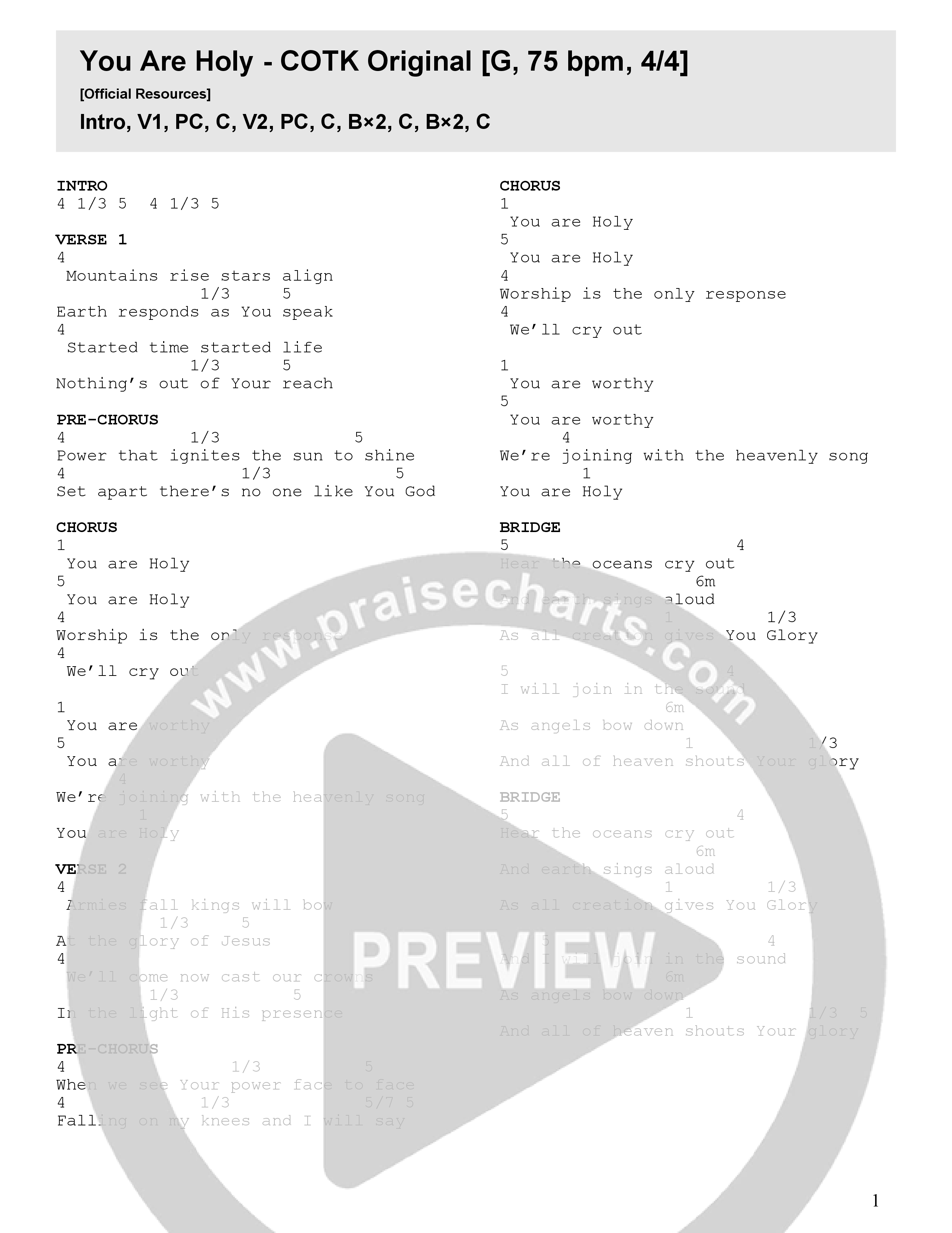 You Are Holy (Live) Chord Chart (Church Of The King)