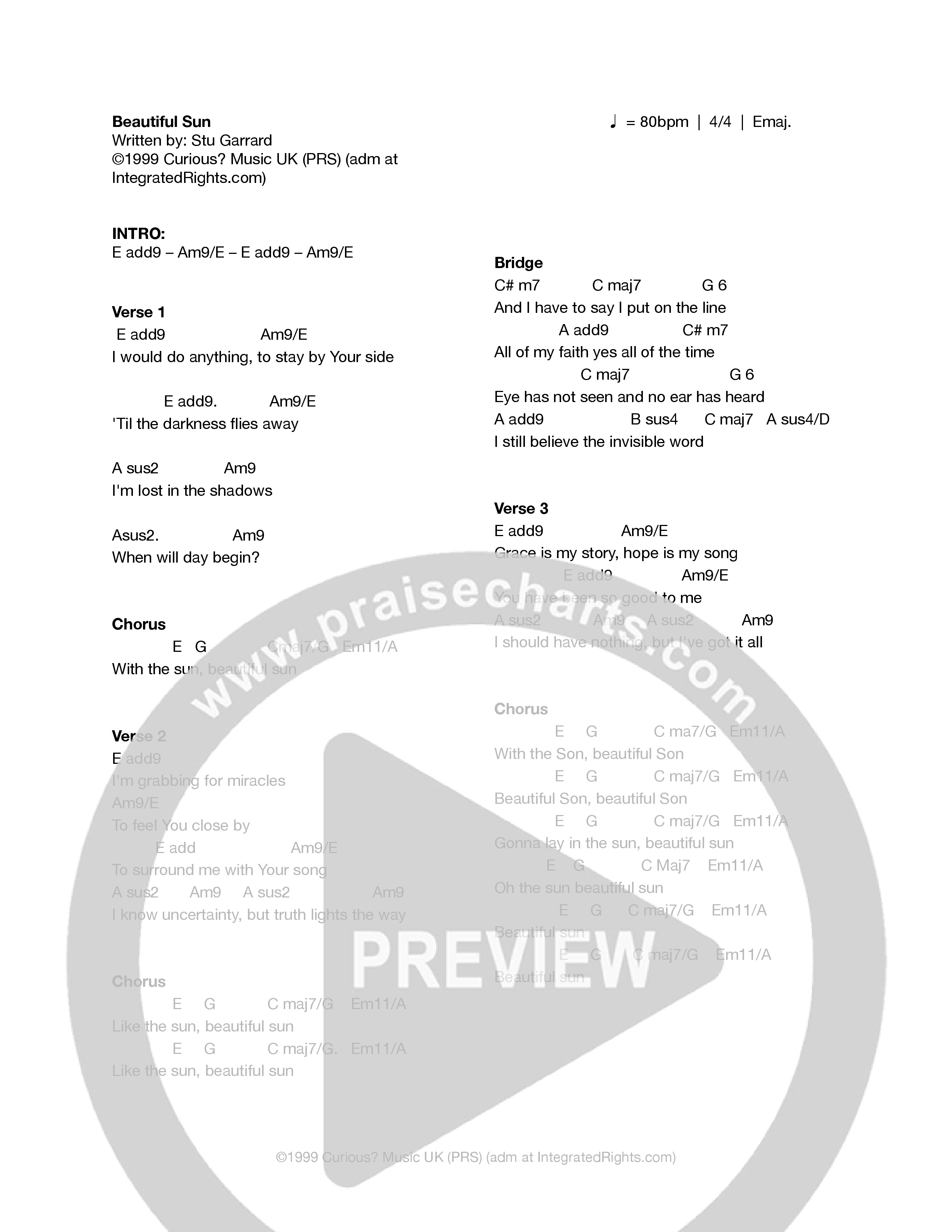 Beautiful Sun Chord Chart (Stu Garrard)
