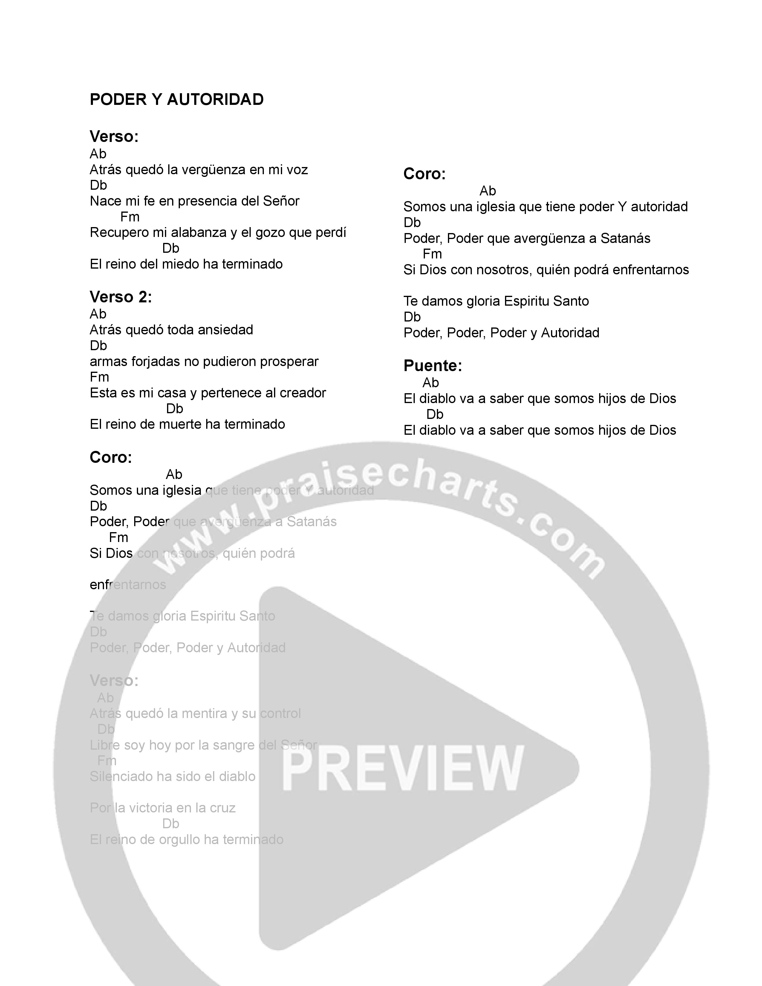 Poder Y Autoridad Chord Chart (North Palm Worship)