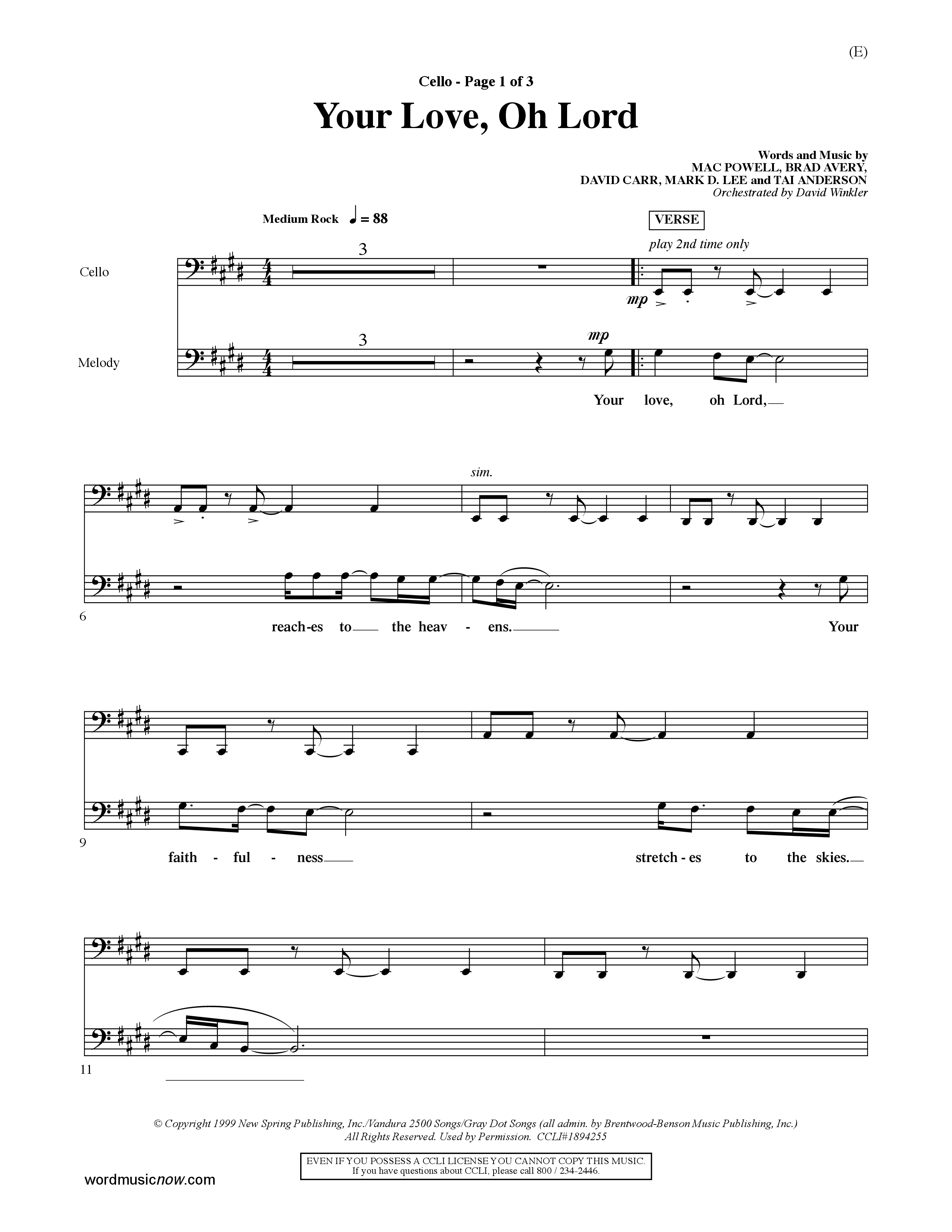 Your Love Oh Lord (Choral Anthem SATB) Cello (Word Music Choral / Orch. David Winkler)