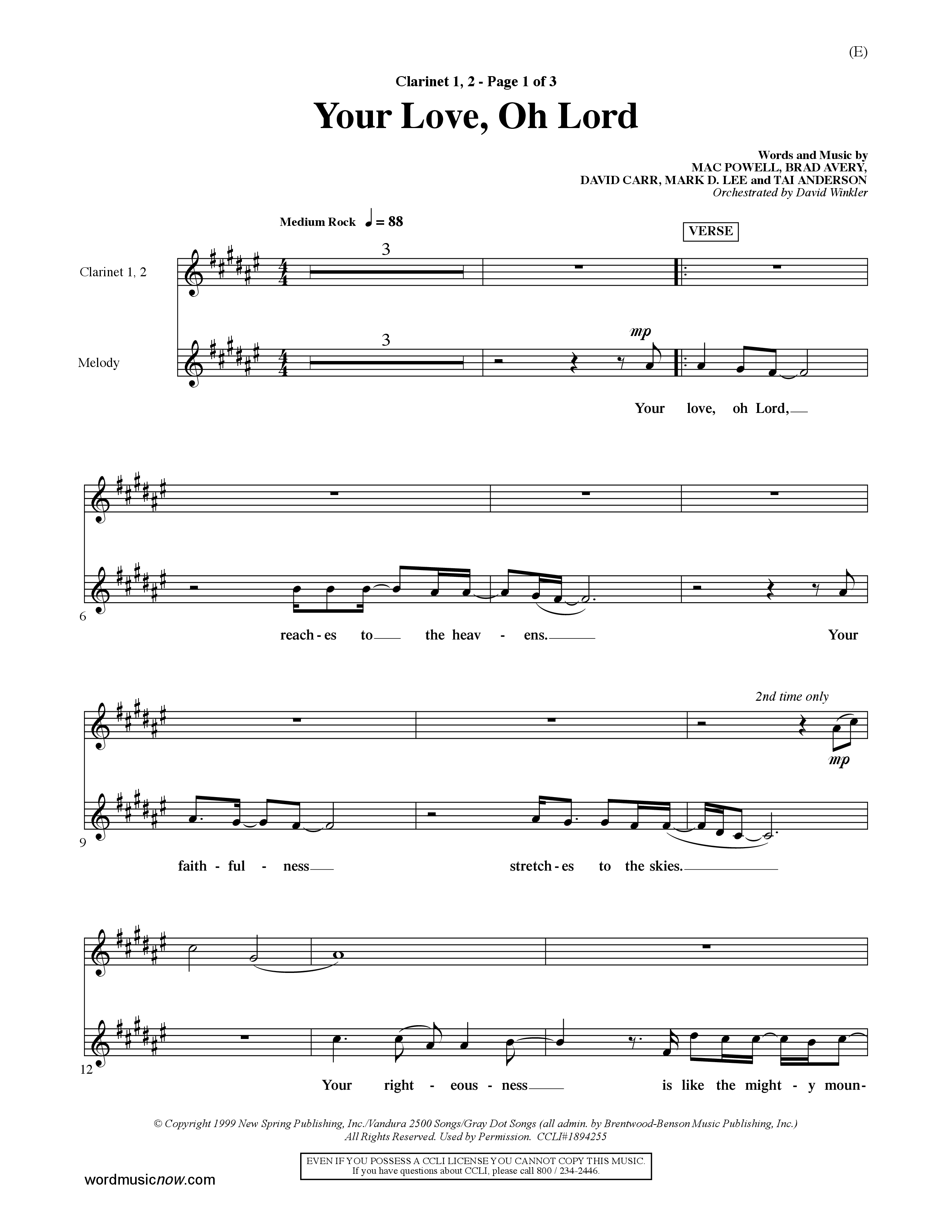 Your Love Oh Lord (Choral Anthem SATB) Clarinet 1/2 (Word Music Choral / Orch. David Winkler)
