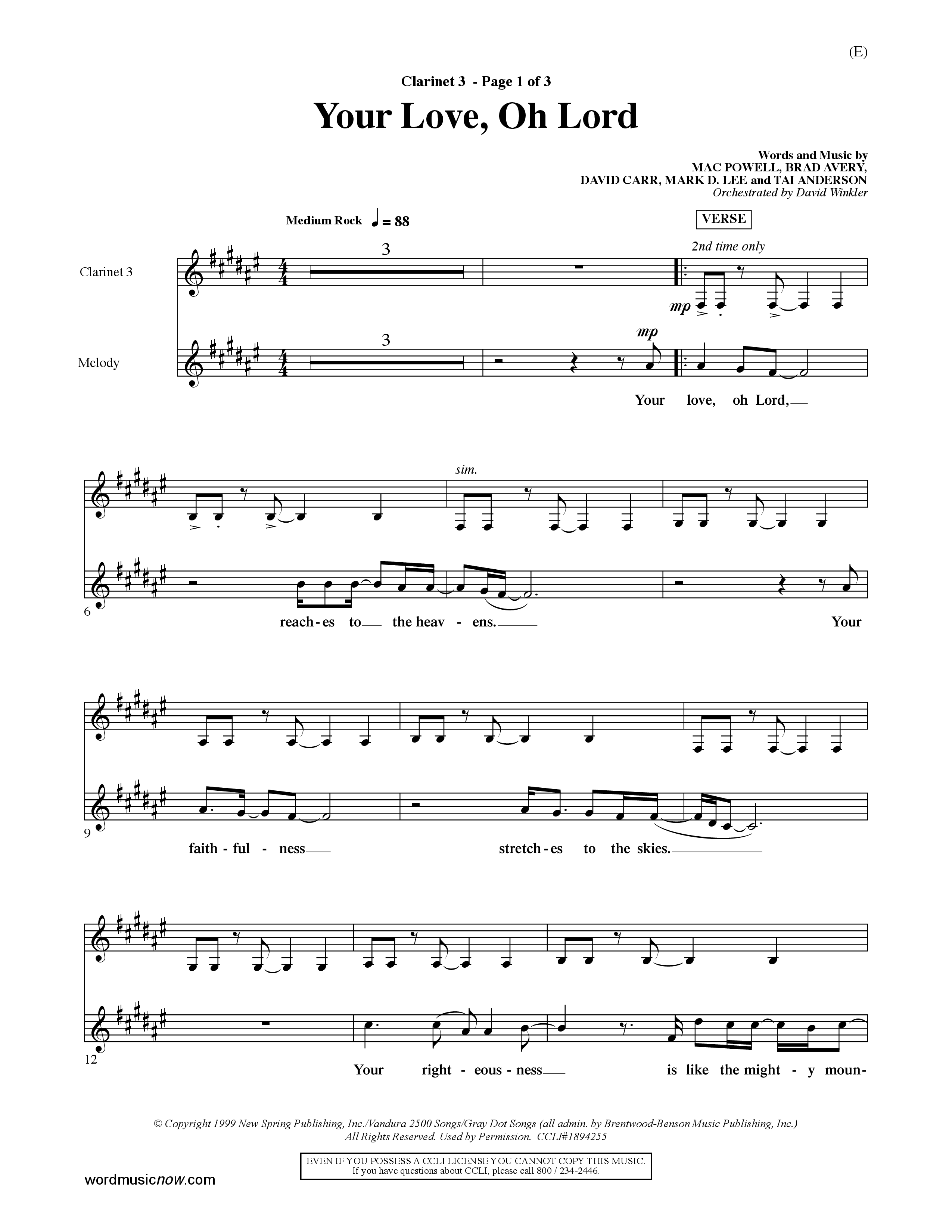 Your Love Oh Lord (Choral Anthem SATB) Clarinet 3 (Word Music Choral / Orch. David Winkler)