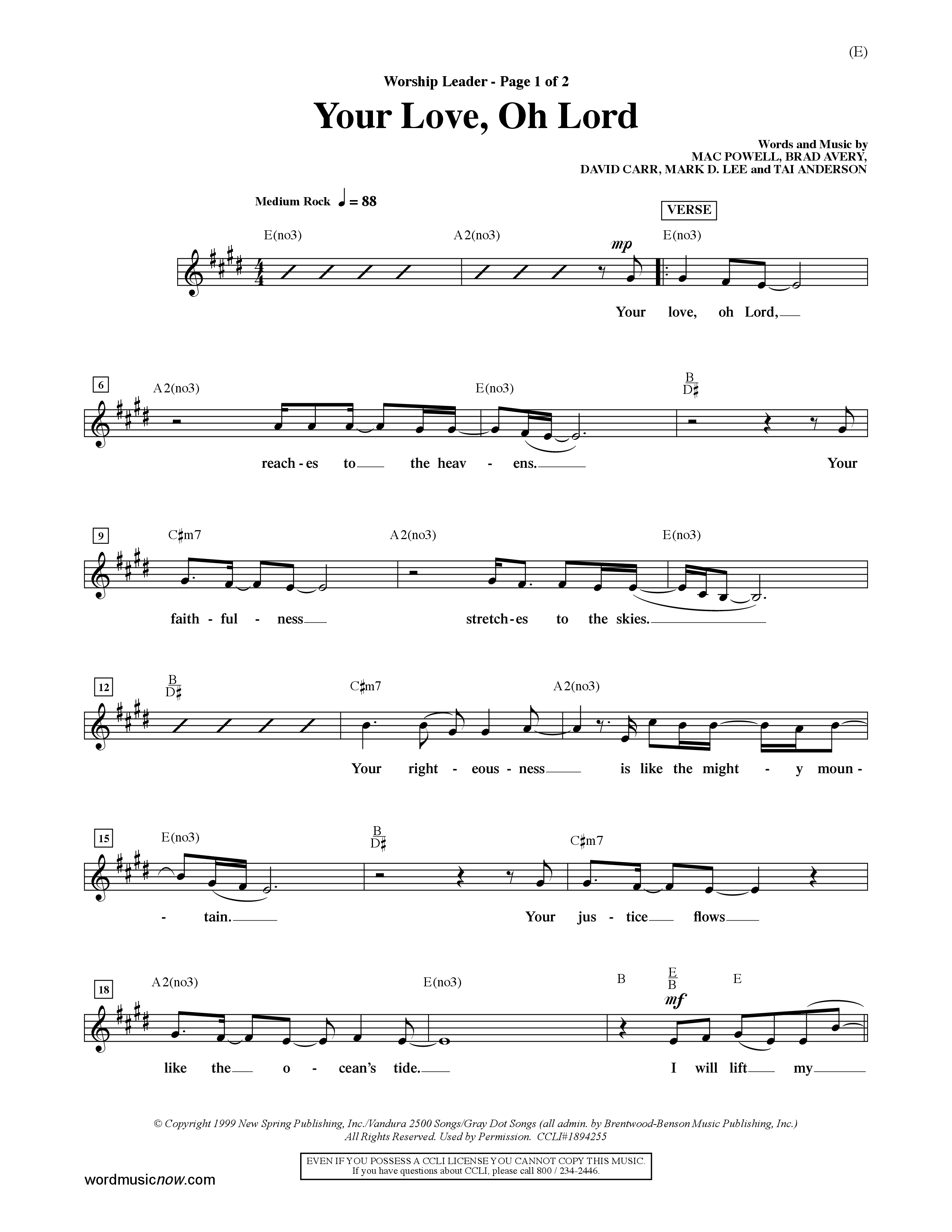 Your Love Oh Lord (Choral Anthem SATB) Lead Sheet (Mel) (Word Music Choral / Orch. David Winkler)