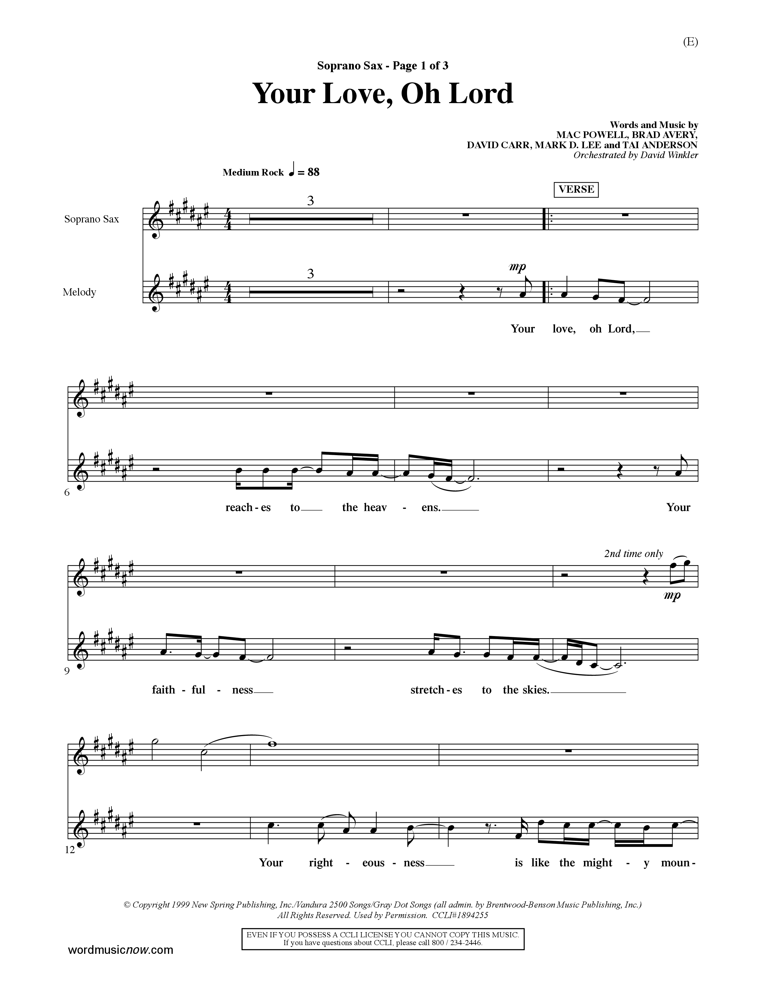 Your Love Oh Lord (Choral Anthem SATB) Saxophone (Word Music Choral / Orch. David Winkler)