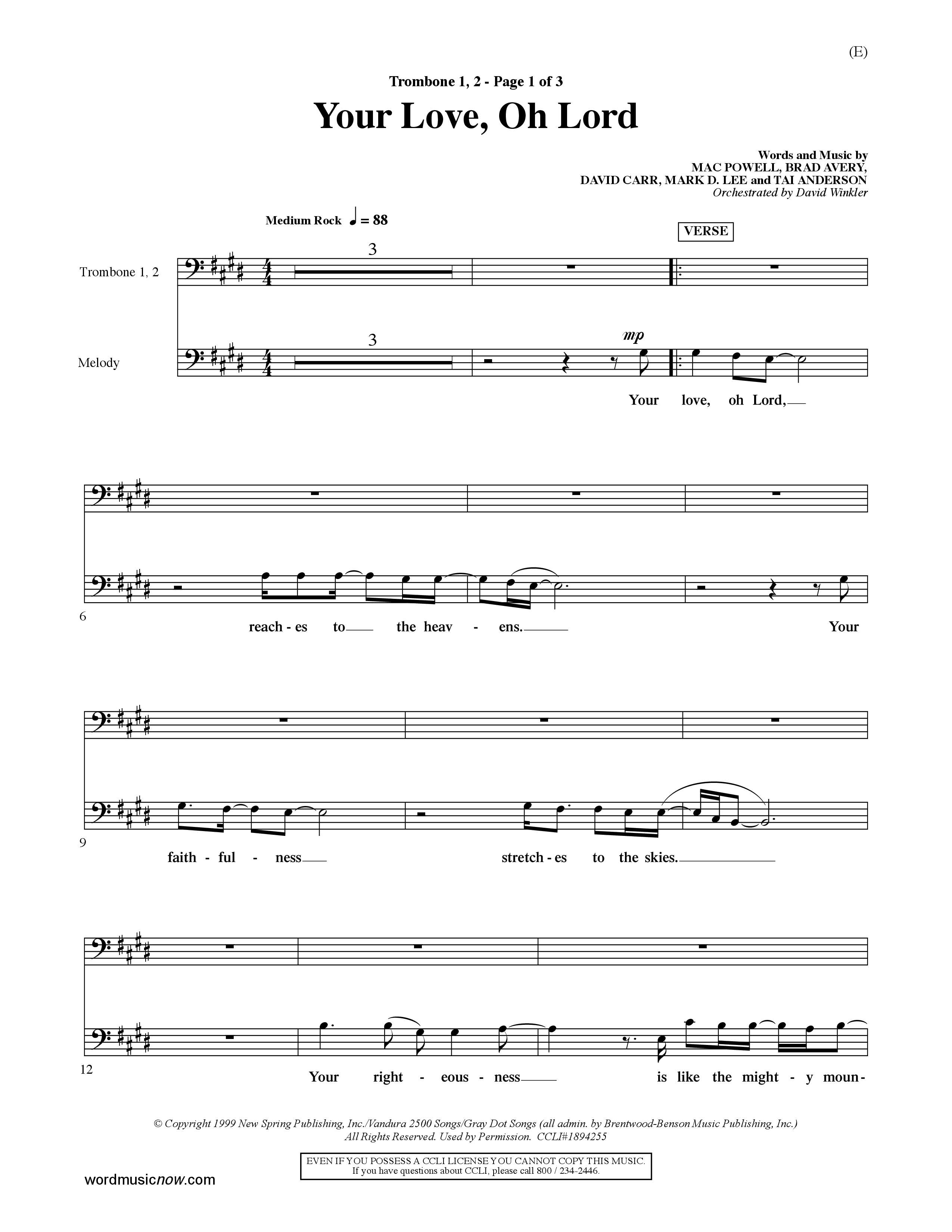 Your Love Oh Lord (Choral Anthem SATB) Trombone 1/2 (Word Music Choral / Orch. David Winkler)