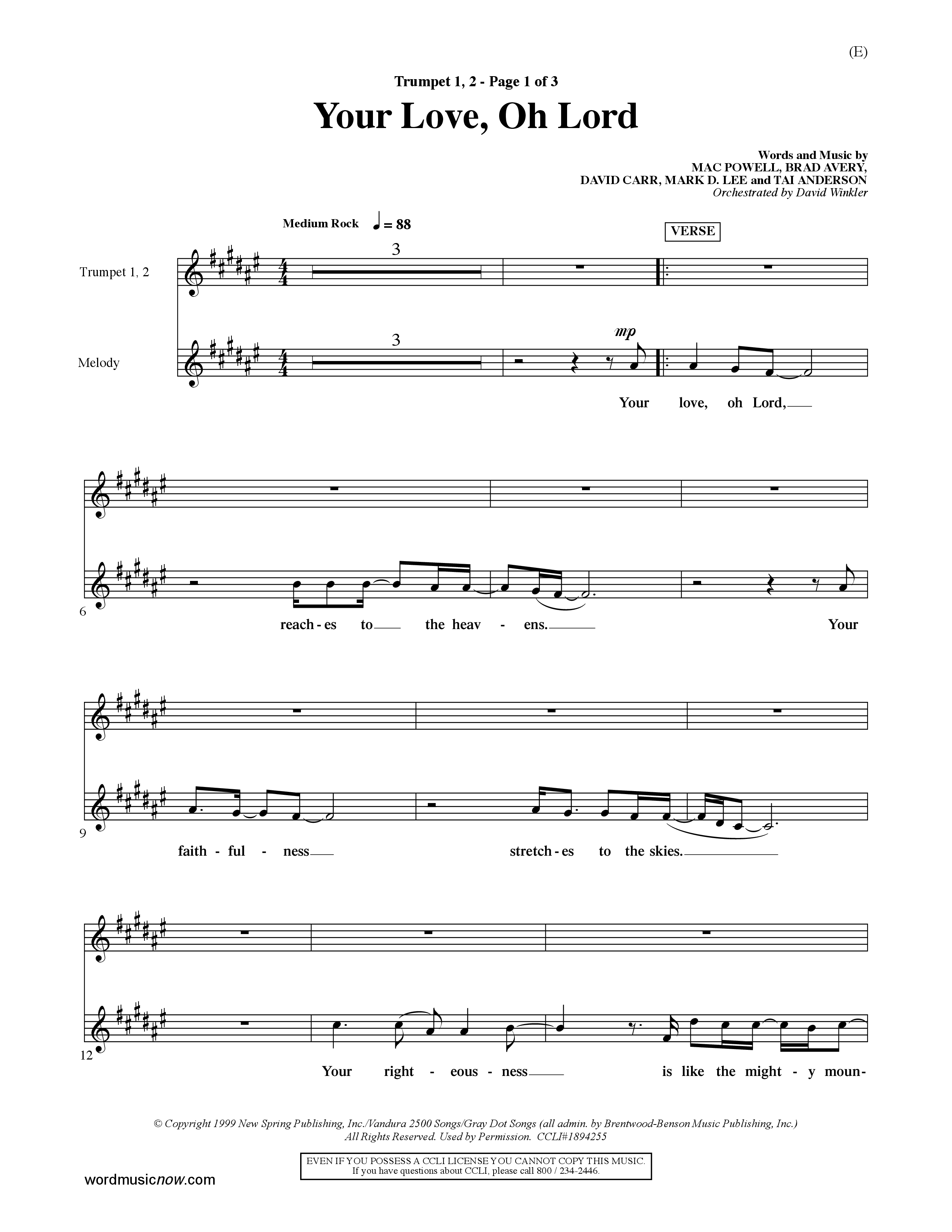 Your Love Oh Lord (Choral Anthem SATB) Trumpet 1,2 (Word Music Choral / Orch. David Winkler)