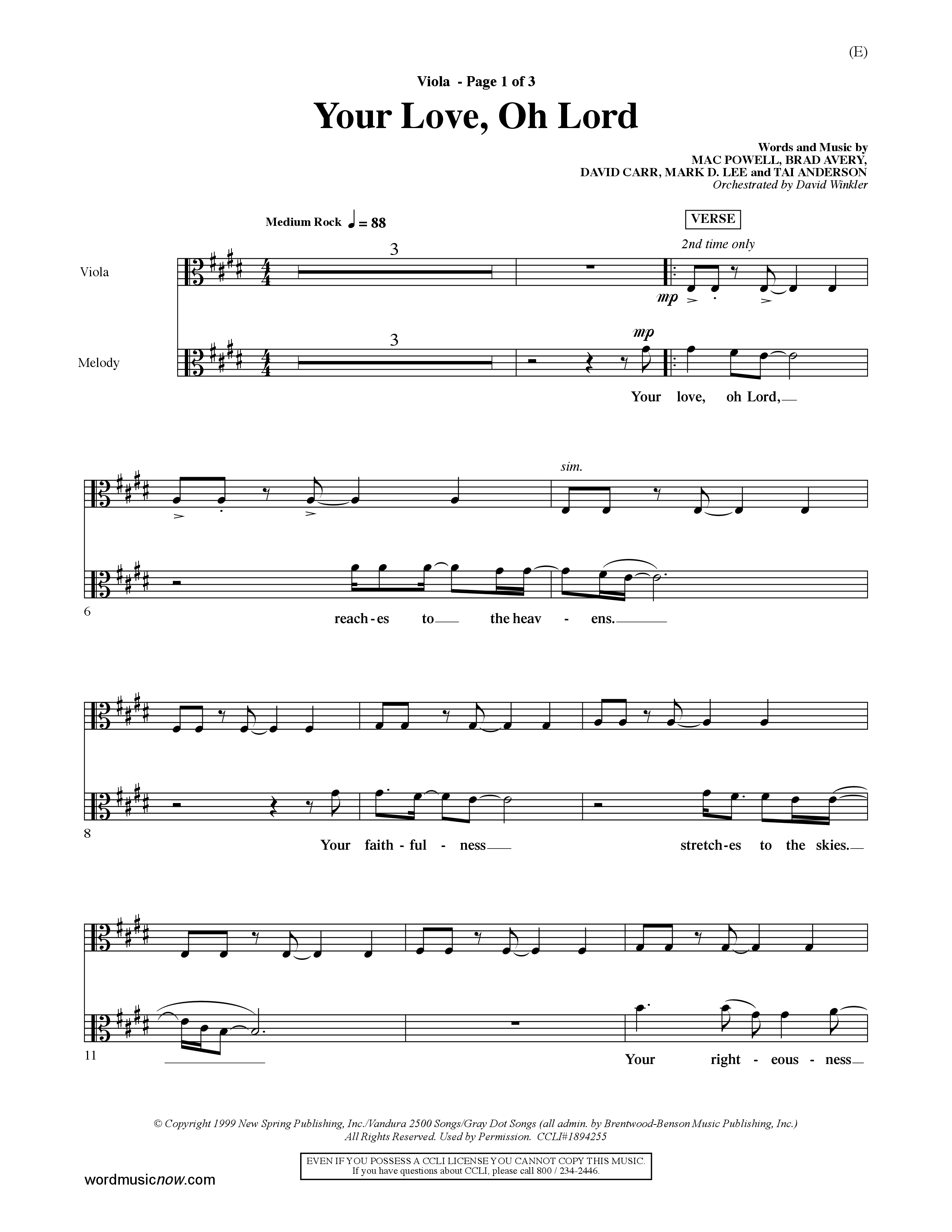 Your Love Oh Lord (Choral Anthem SATB) Viola (Word Music Choral / Orch. David Winkler)