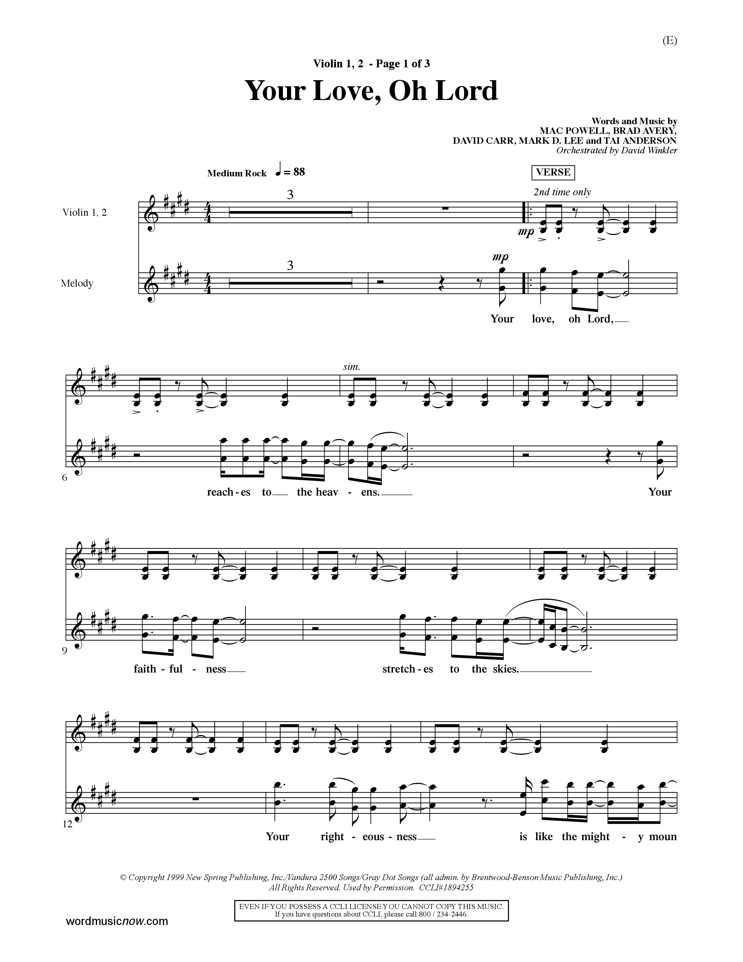 Your Love Oh Lord (Choral Anthem SATB) Violin 1/2 (Word Music Choral / Orch. David Winkler)