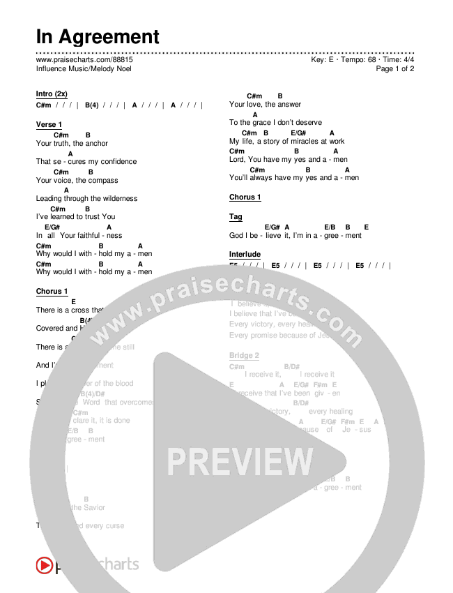 In Agreement Chords & Lyrics (Influence Music / Melody Noel)