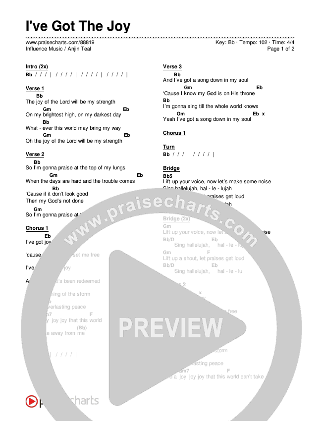 I've Got The Joy Chords & Lyrics (Influence Music / Anjin Teal)