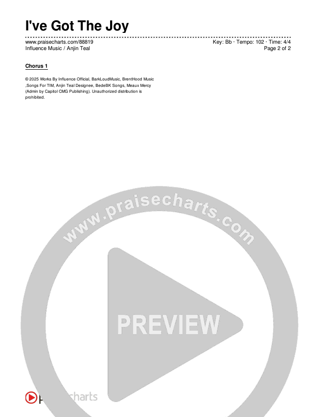 I've Got The Joy Chords & Lyrics (Influence Music / Anjin Teal)