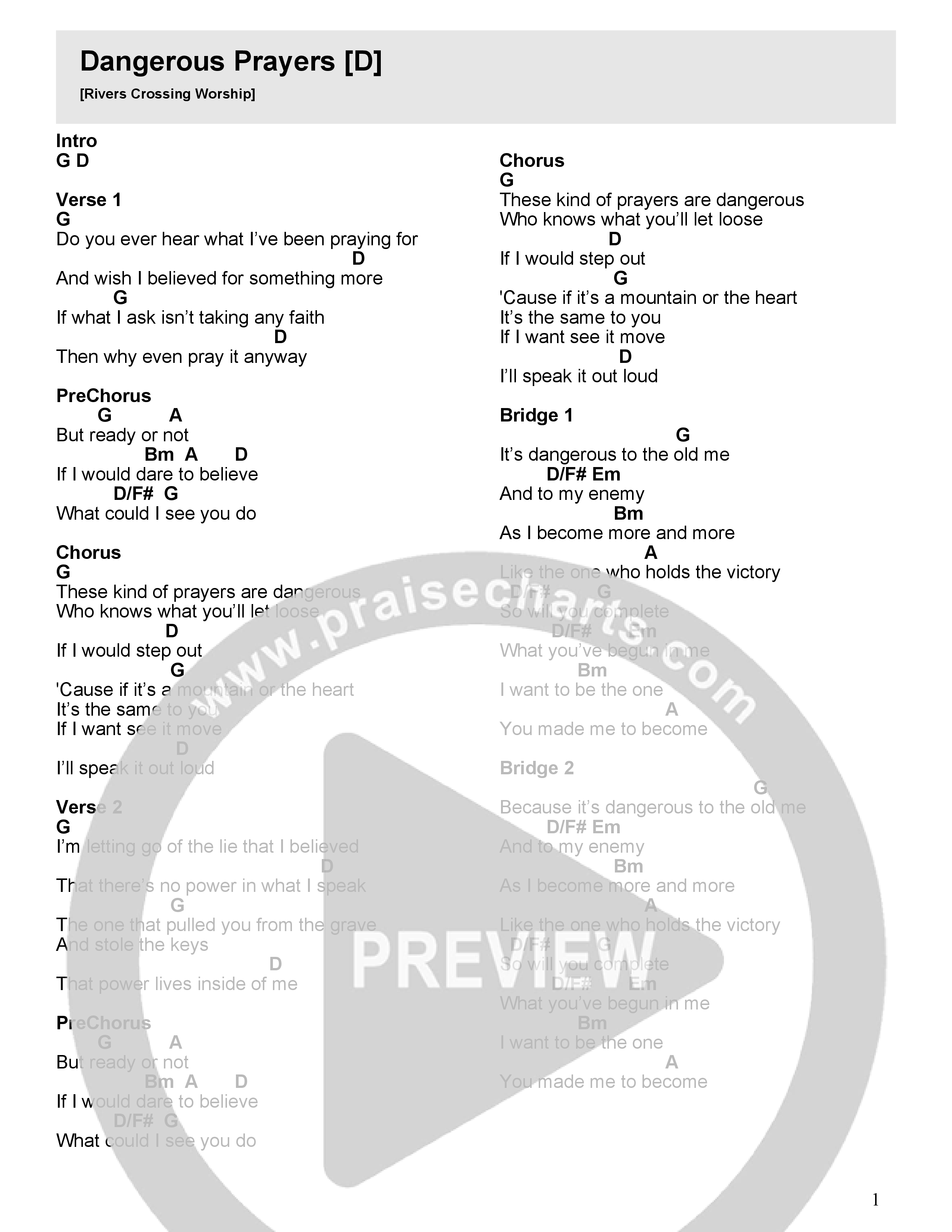 Dangerous Prayers Chord Chart (Rivers Crossing Worship)
