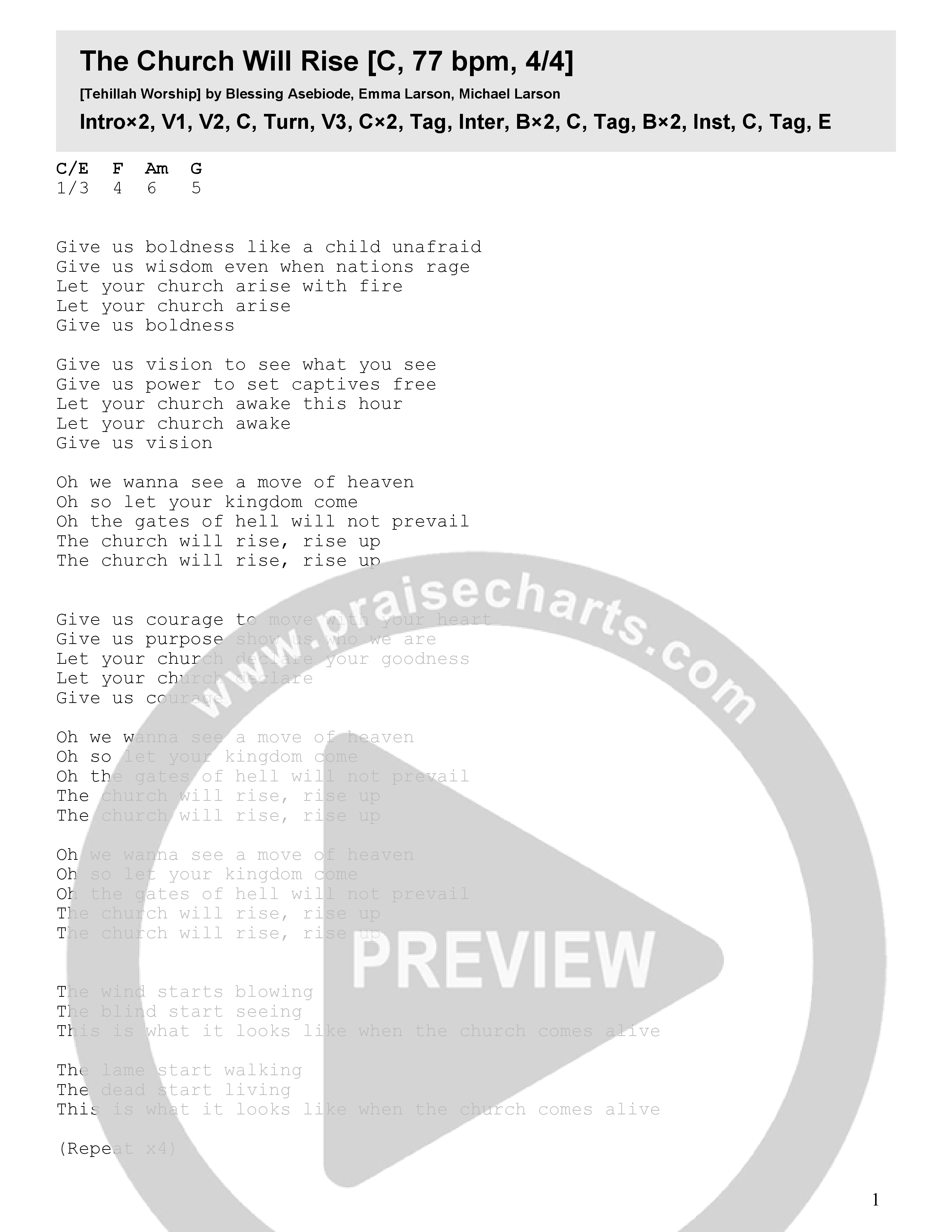 The Church Will Rise Chord Chart (Tehillah Worship)