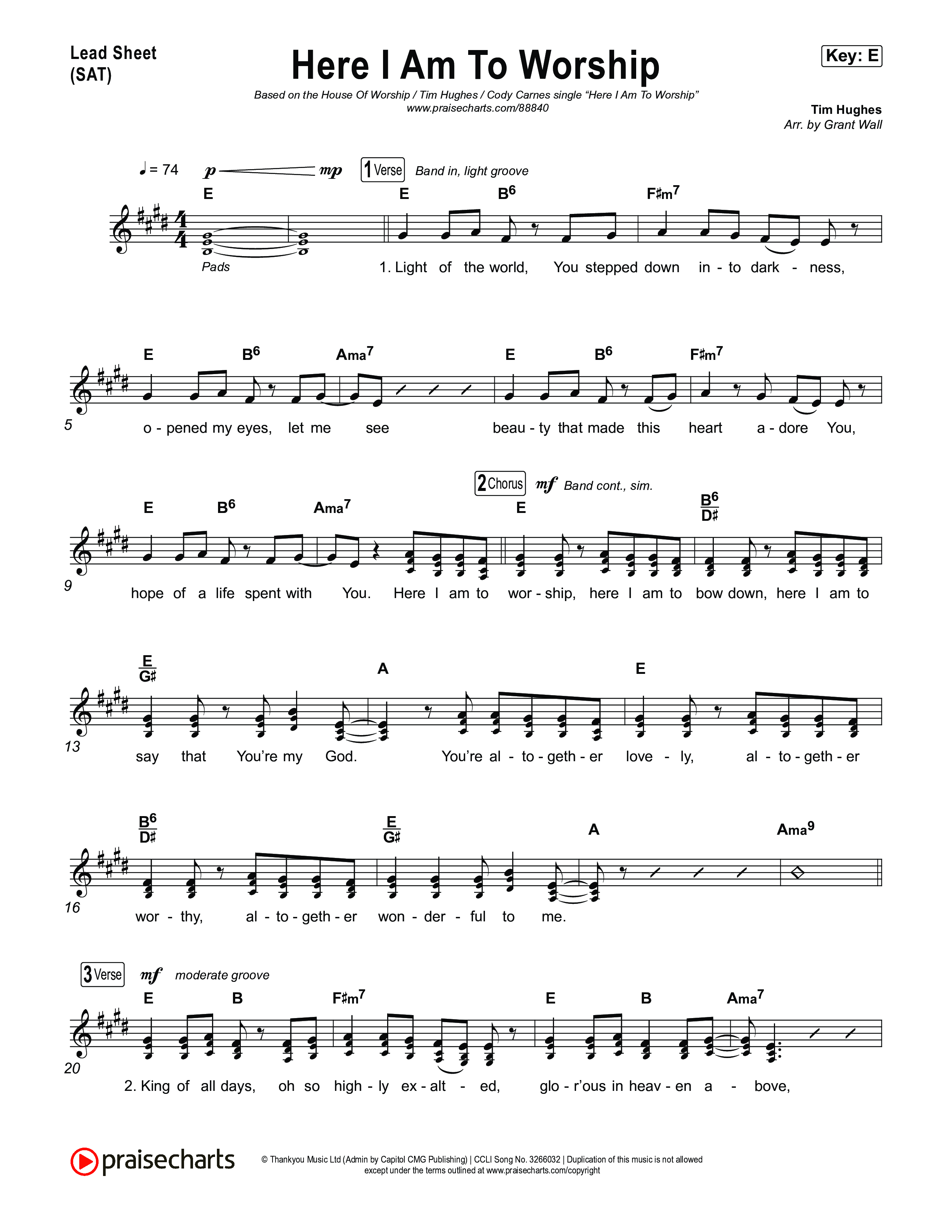 Here I Am To Worship Lead Sheet (SAT) (House Of Worship / Tim Hughes / Cody Carnes)