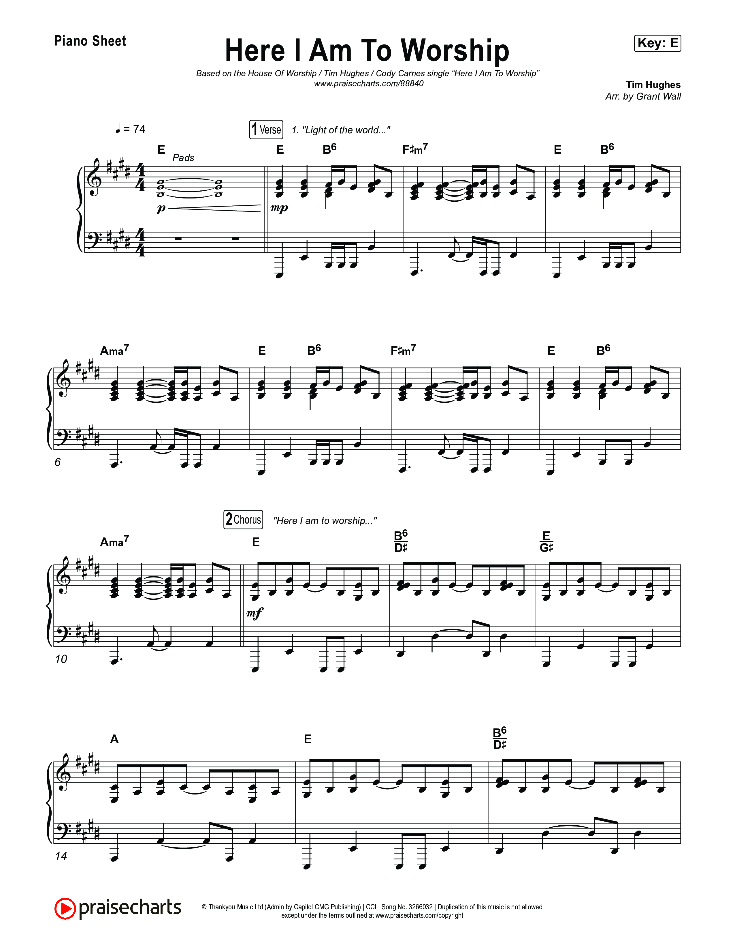 Here I Am To Worship Piano Sheet (House Of Worship / Tim Hughes / Cody Carnes)