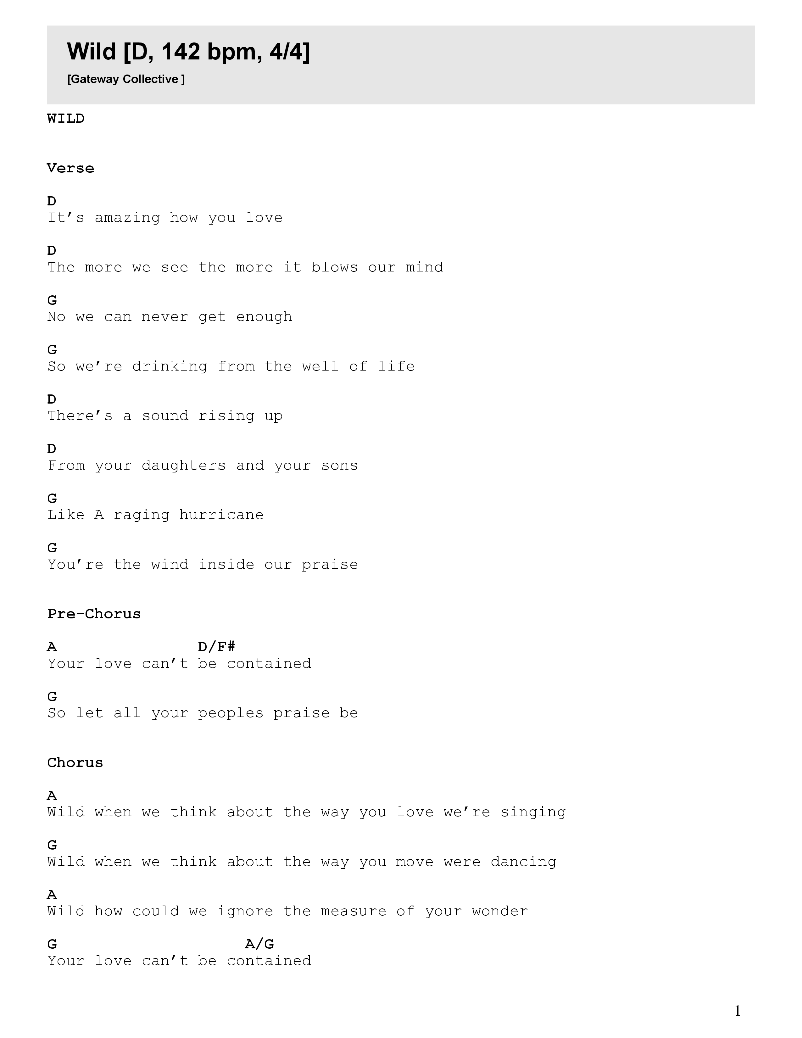 Wild Chord Chart (Newlands Worship / Leeland)