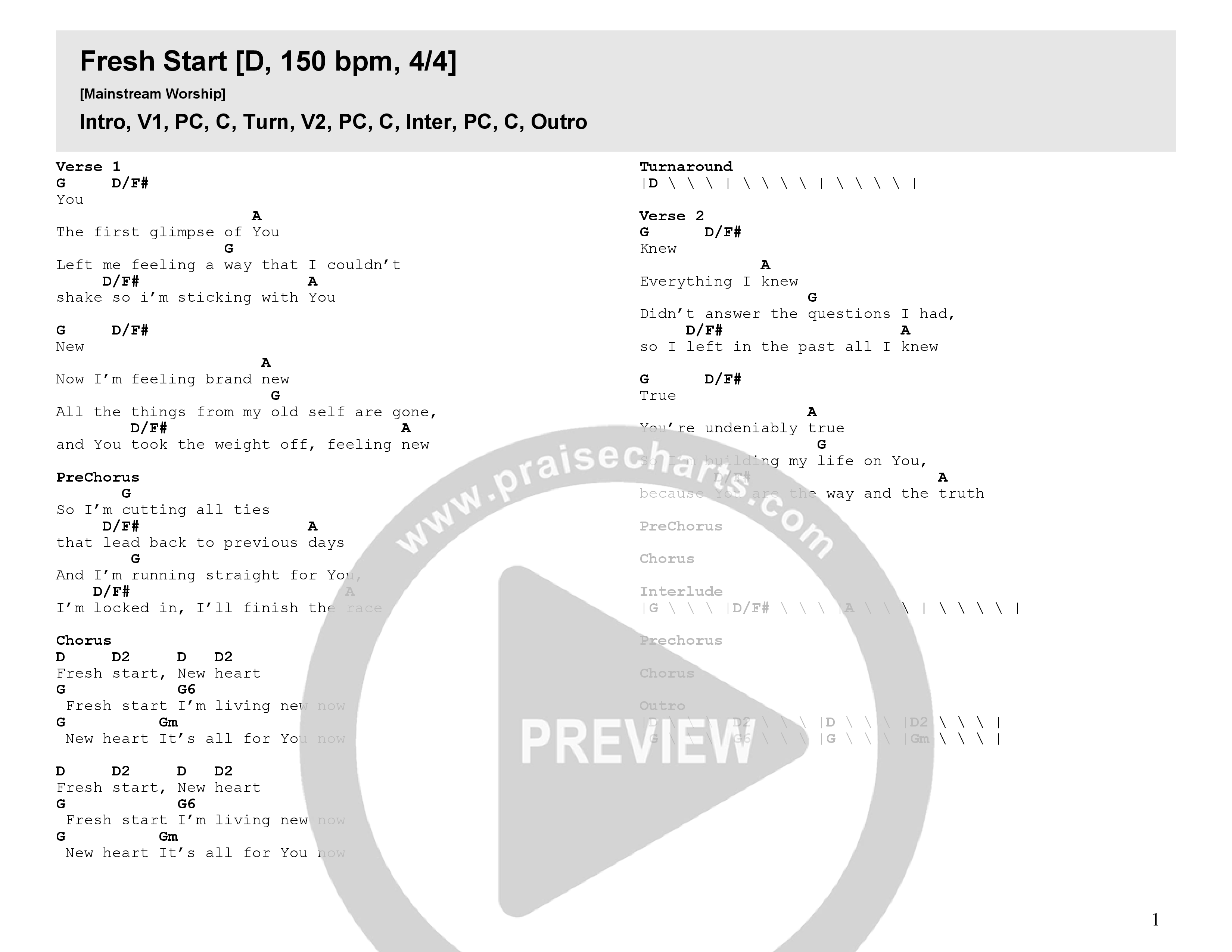 Fresh Start Chord Chart (Mainstream Worship)