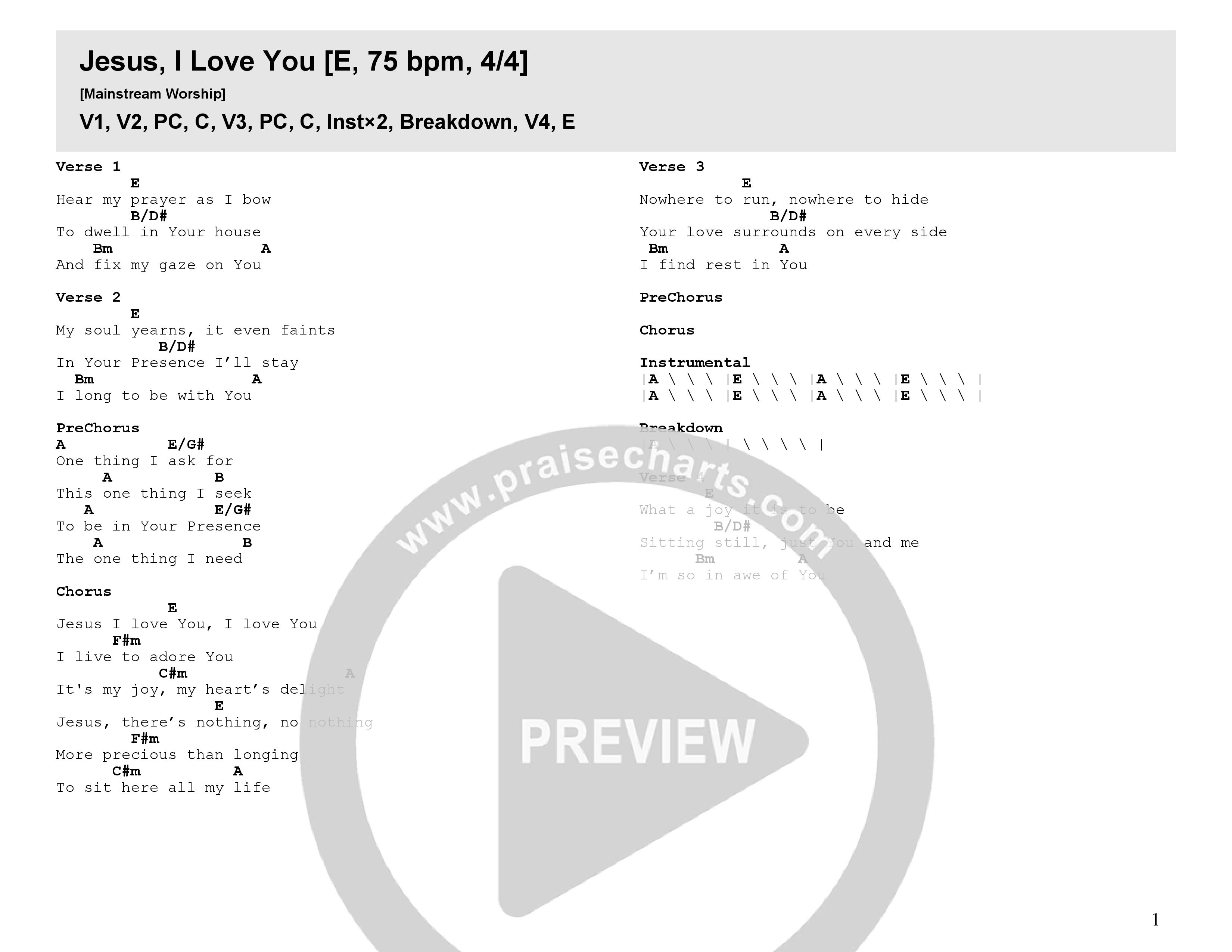 Jesus I Love You Chord Chart (Mainstream Worship)