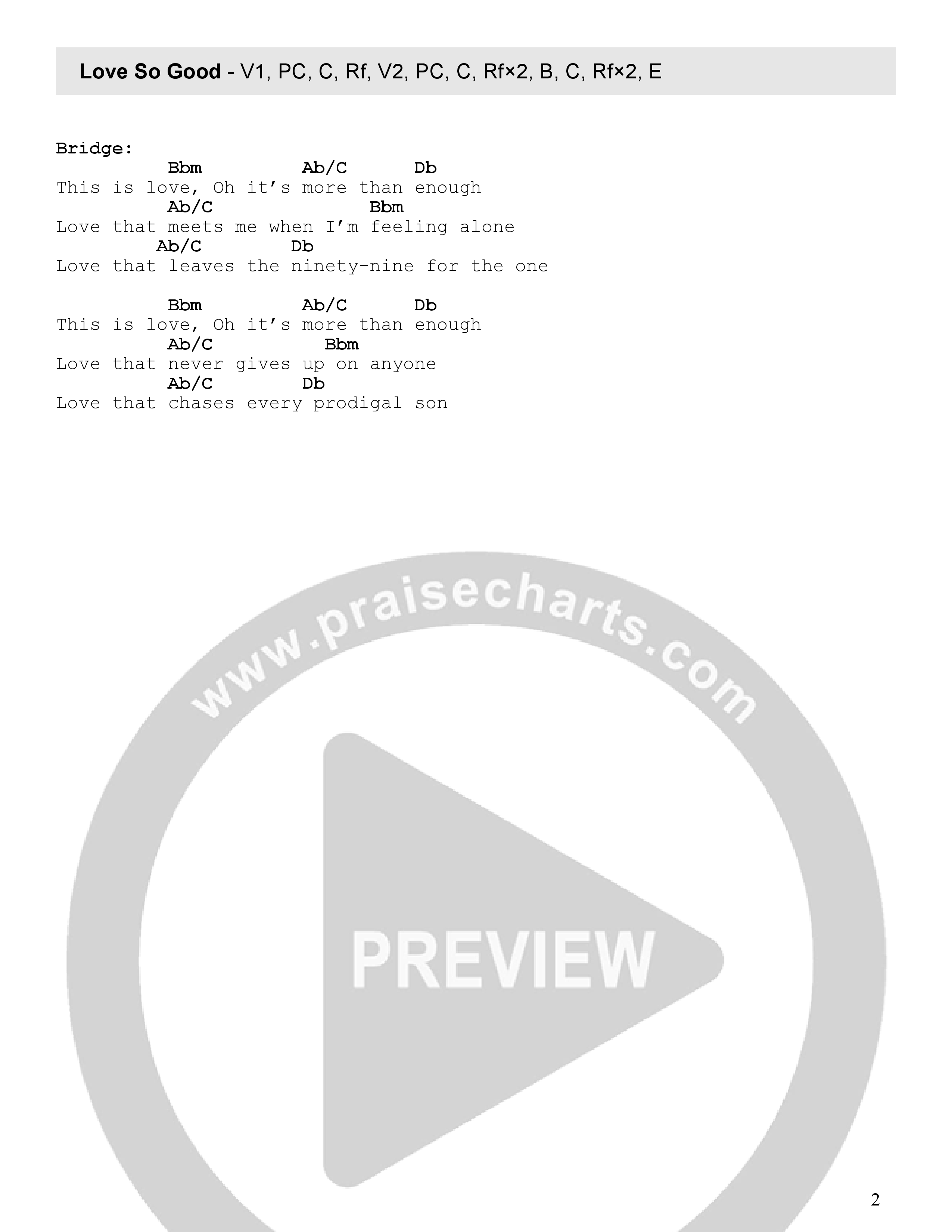 Love So Good Chord Chart (Mainstream Worship)