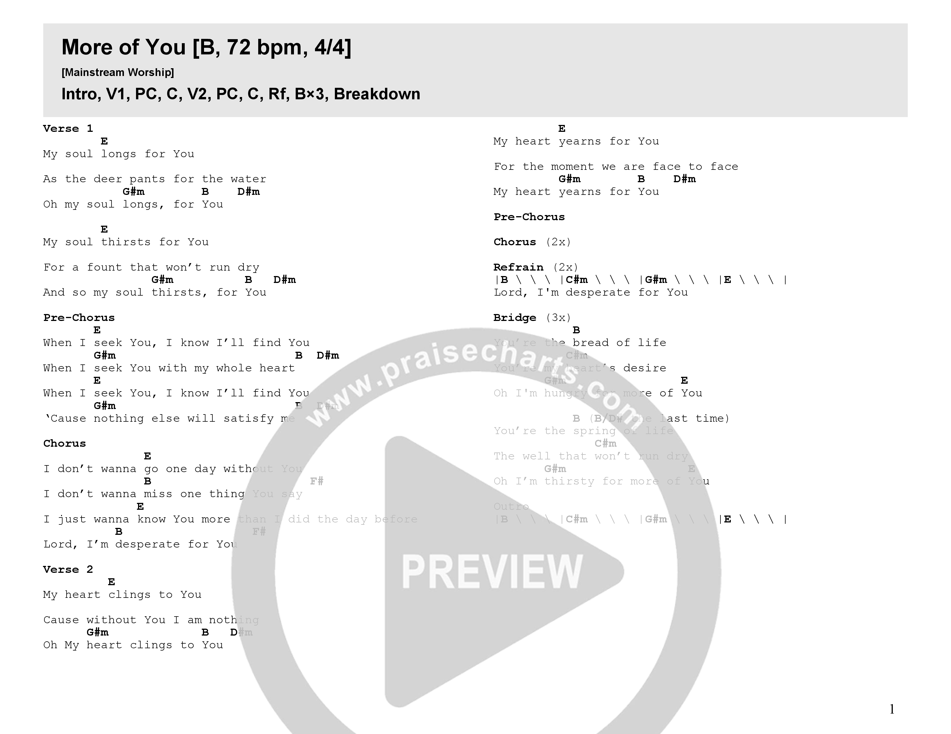 More Of You Chord Chart (Mainstream Worship)