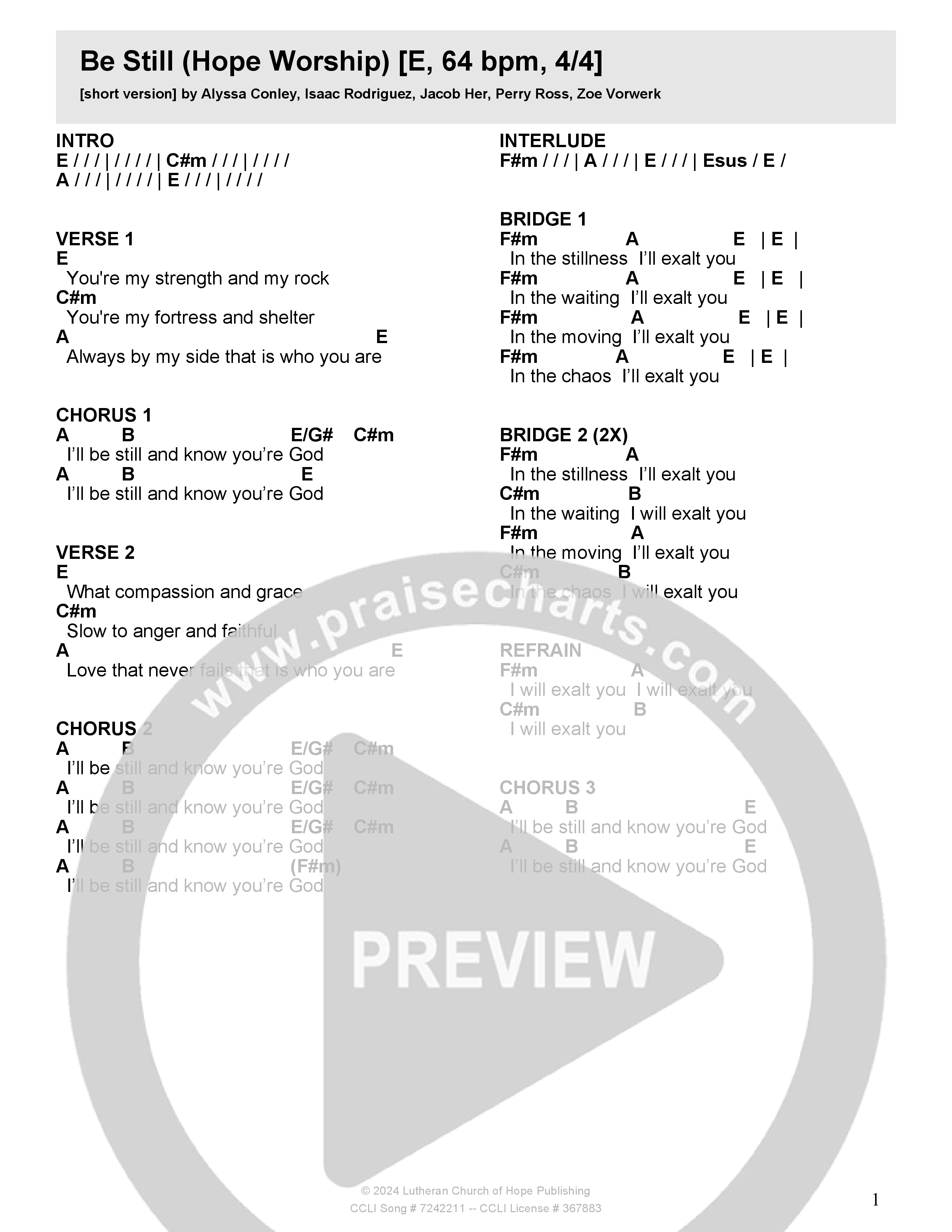 Be Still (Live) Chord Chart (Hope Worship)