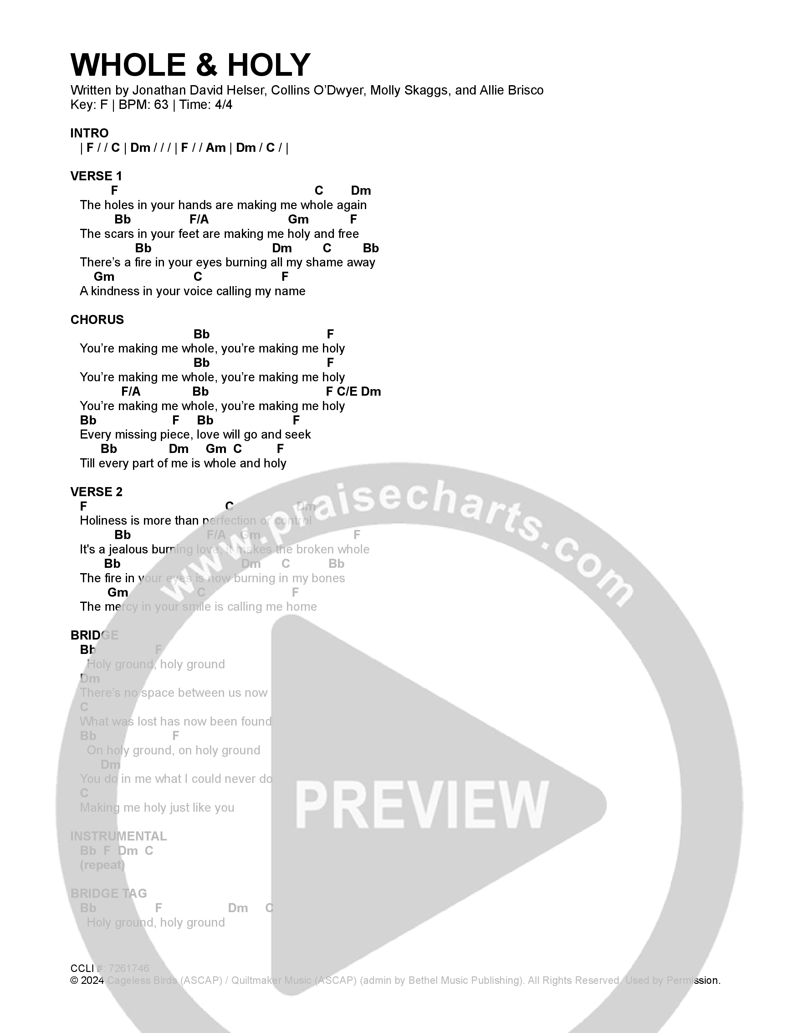 Whole & Holy (Live) Chord Chart (Cageless Birds)