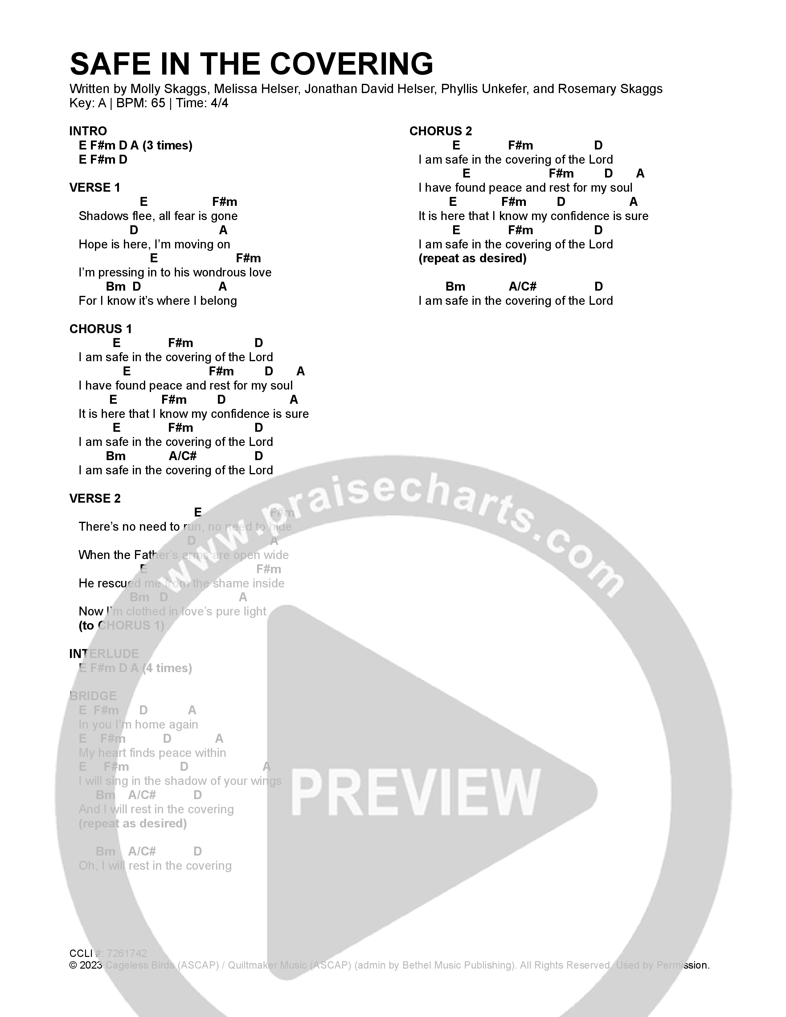 Safe In The Covering (Live) Chord Chart (Cageless Birds)