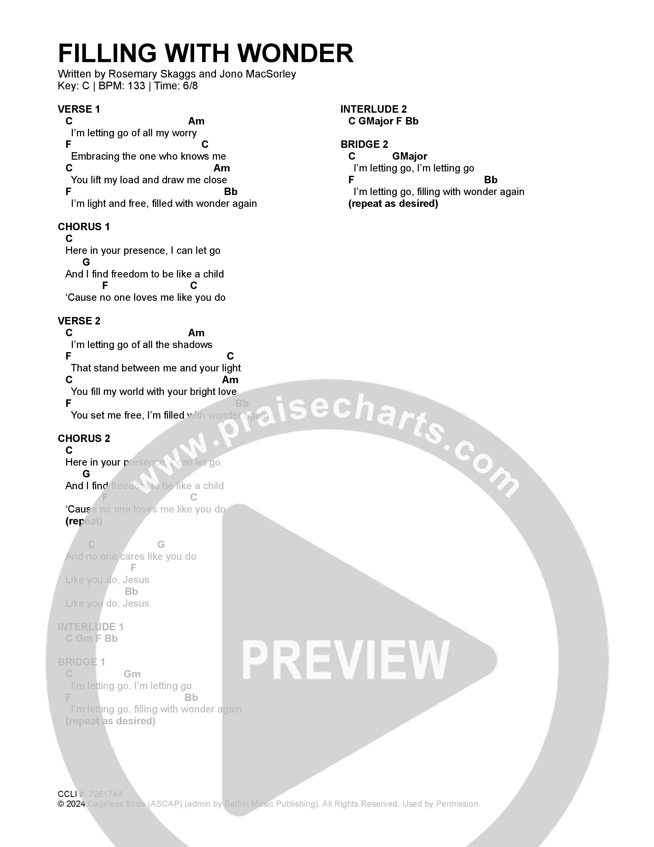 Filling With Wonder (Live) Chord Chart (Cageless Birds)
