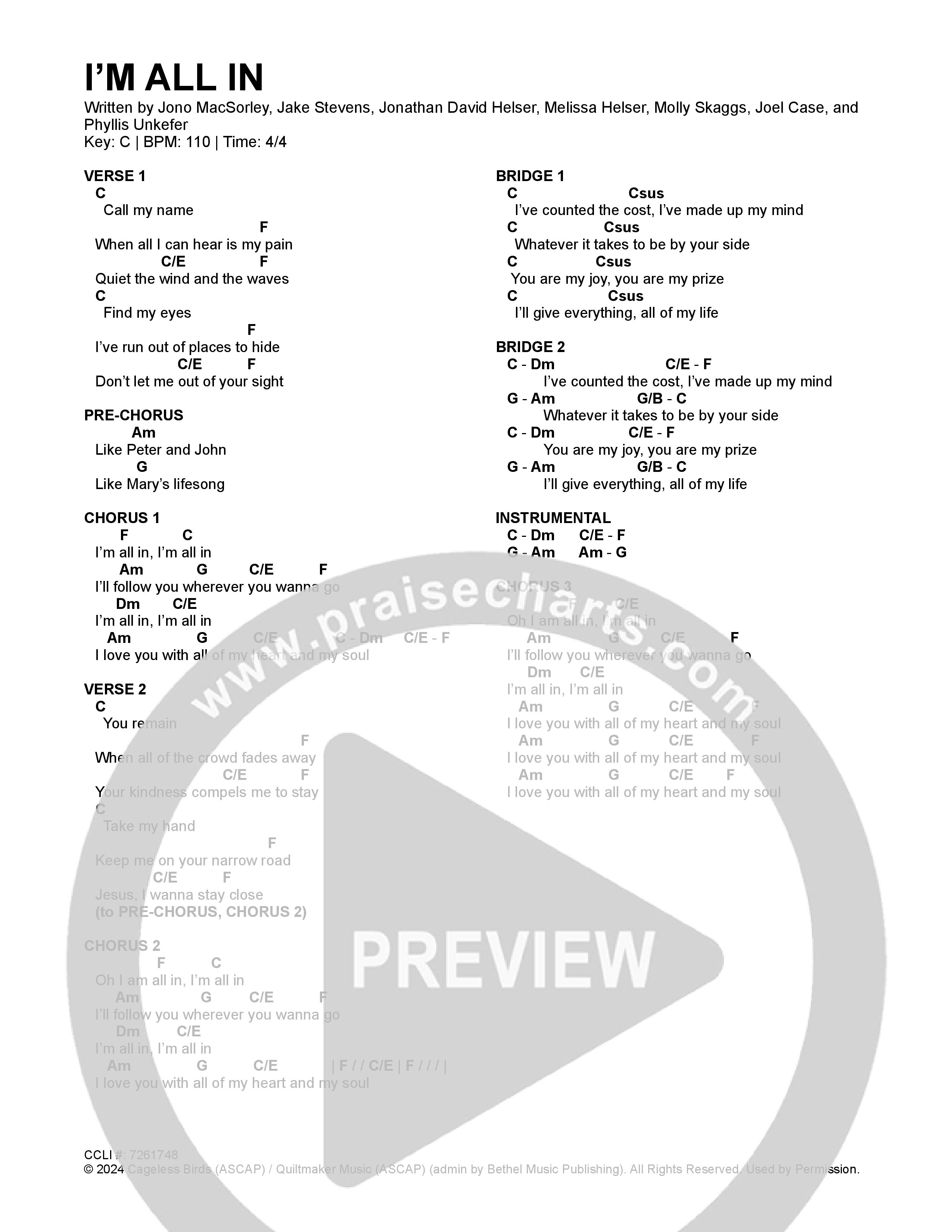I'm All In (Live) Chord Chart (Cageless Birds)