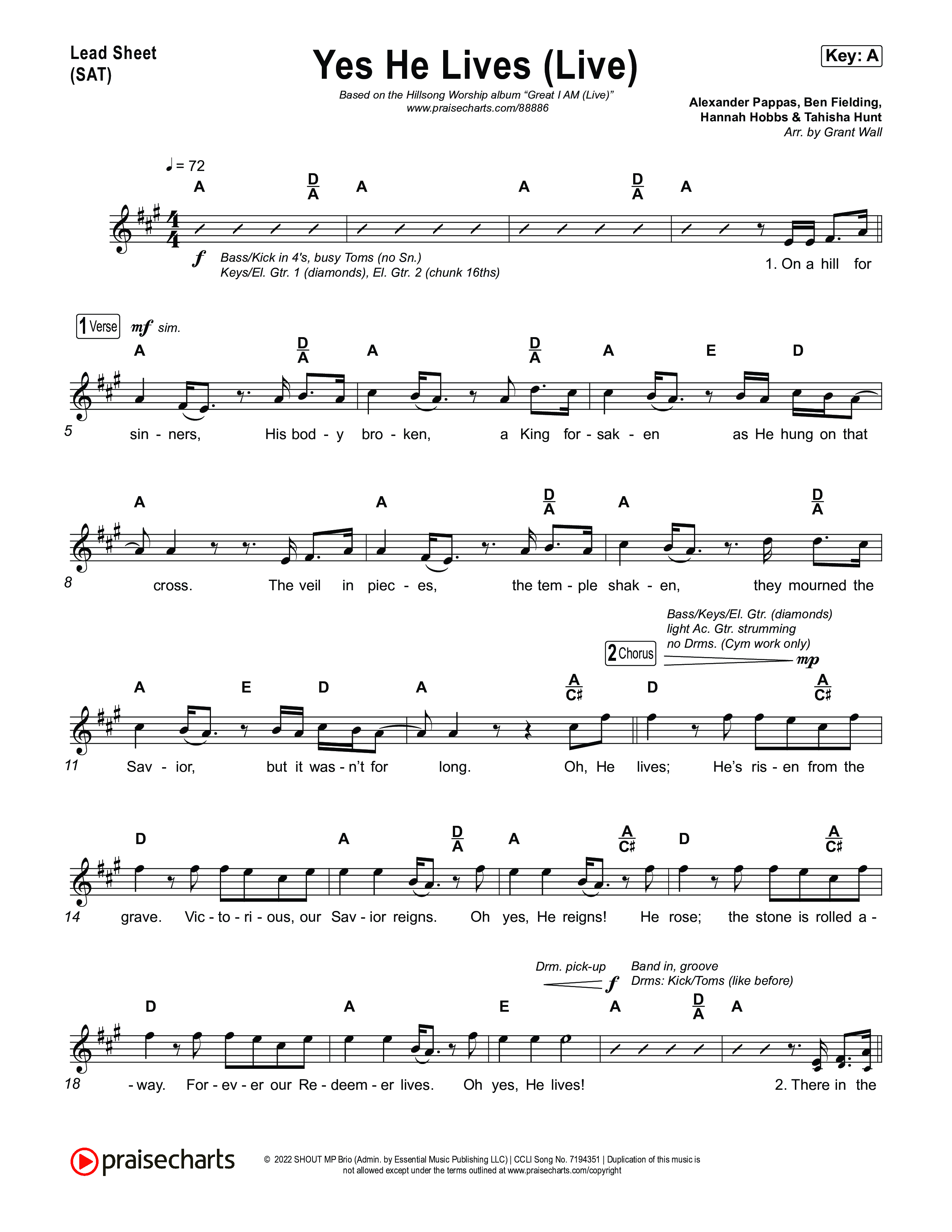 Yes He Lives (Live) Lead Sheet (SAT) (Hillsong Worship)
