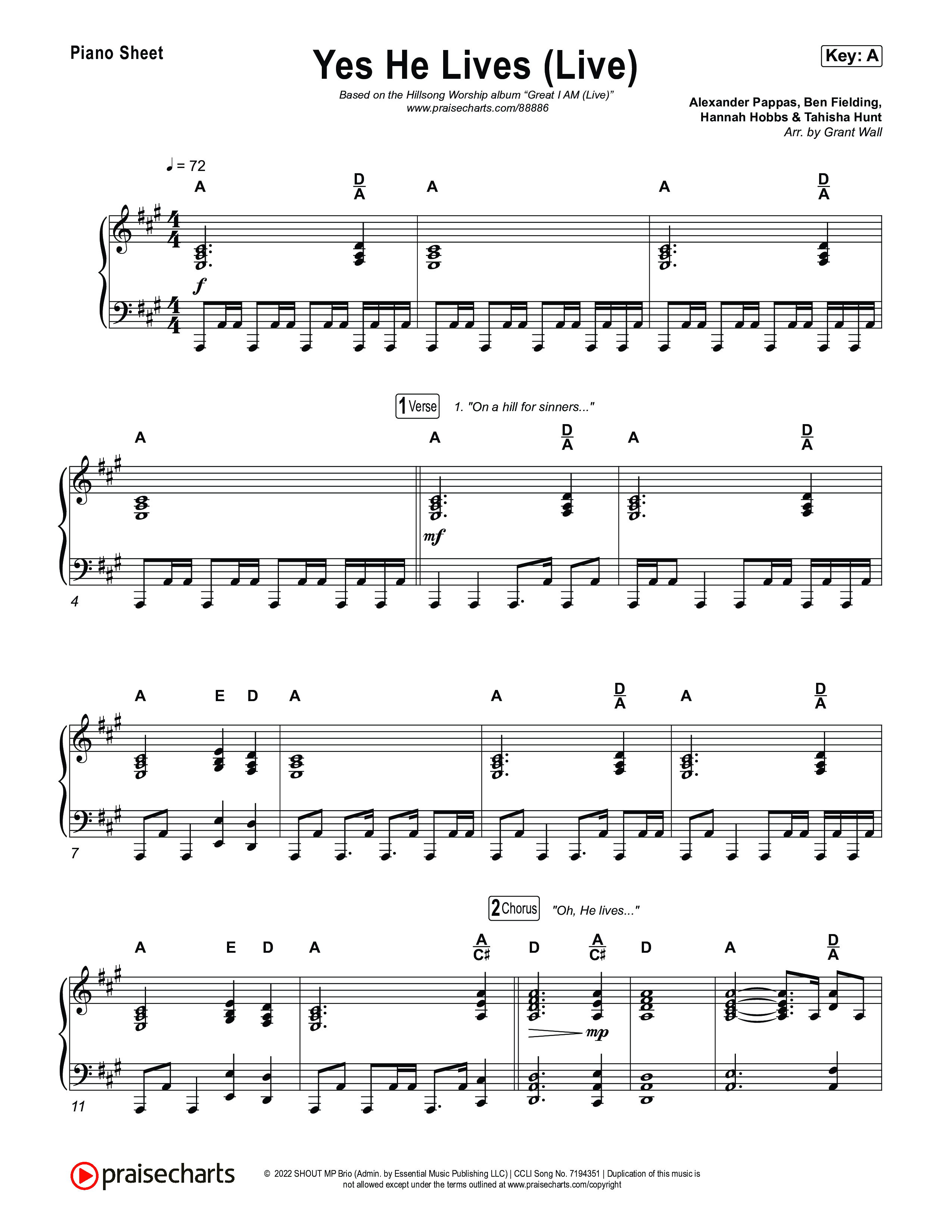 Yes He Lives (Live) Piano Sheet (Hillsong Worship)
