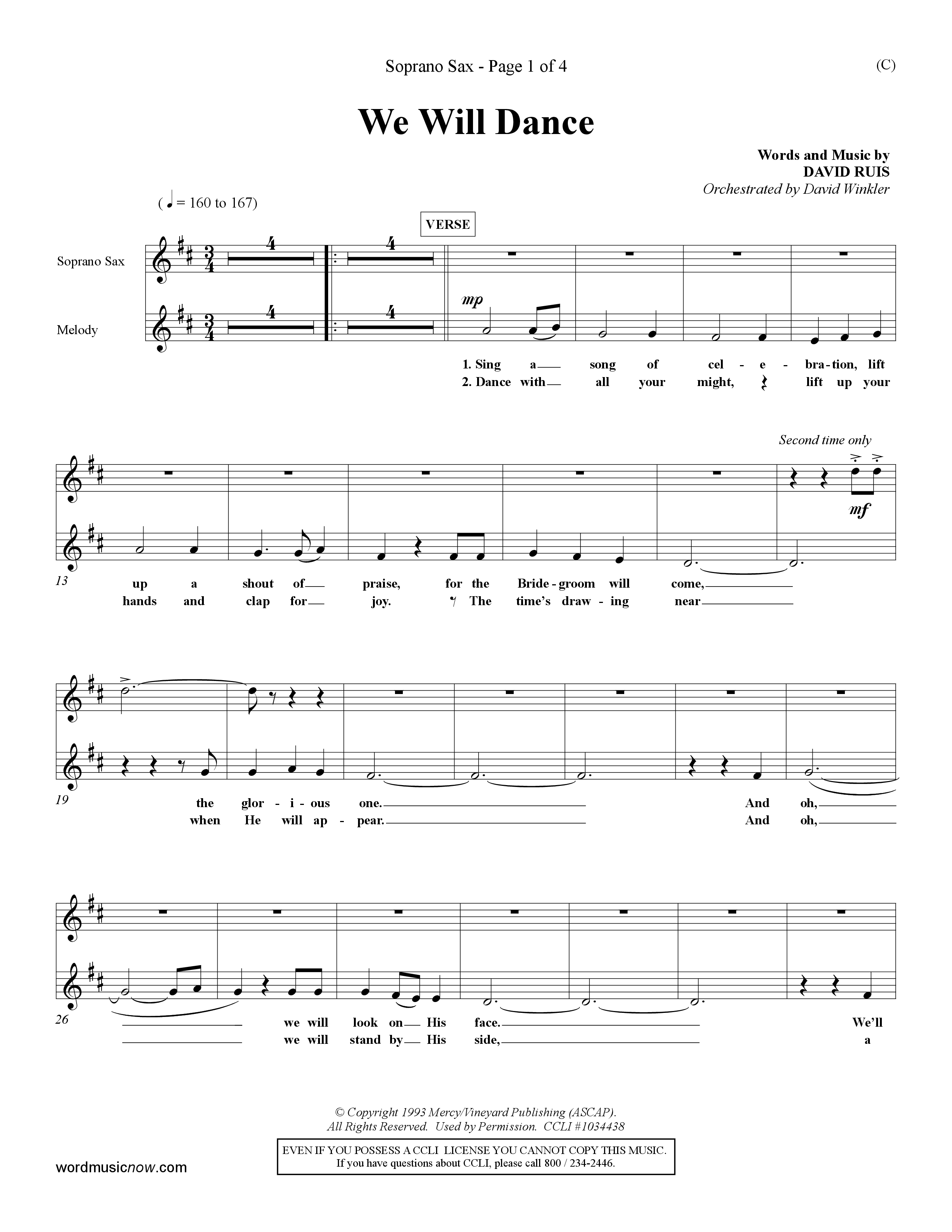 We Will Dance (Choral Anthem SATB) Saxophone (Word Music Choral / Orch. David Winkler)