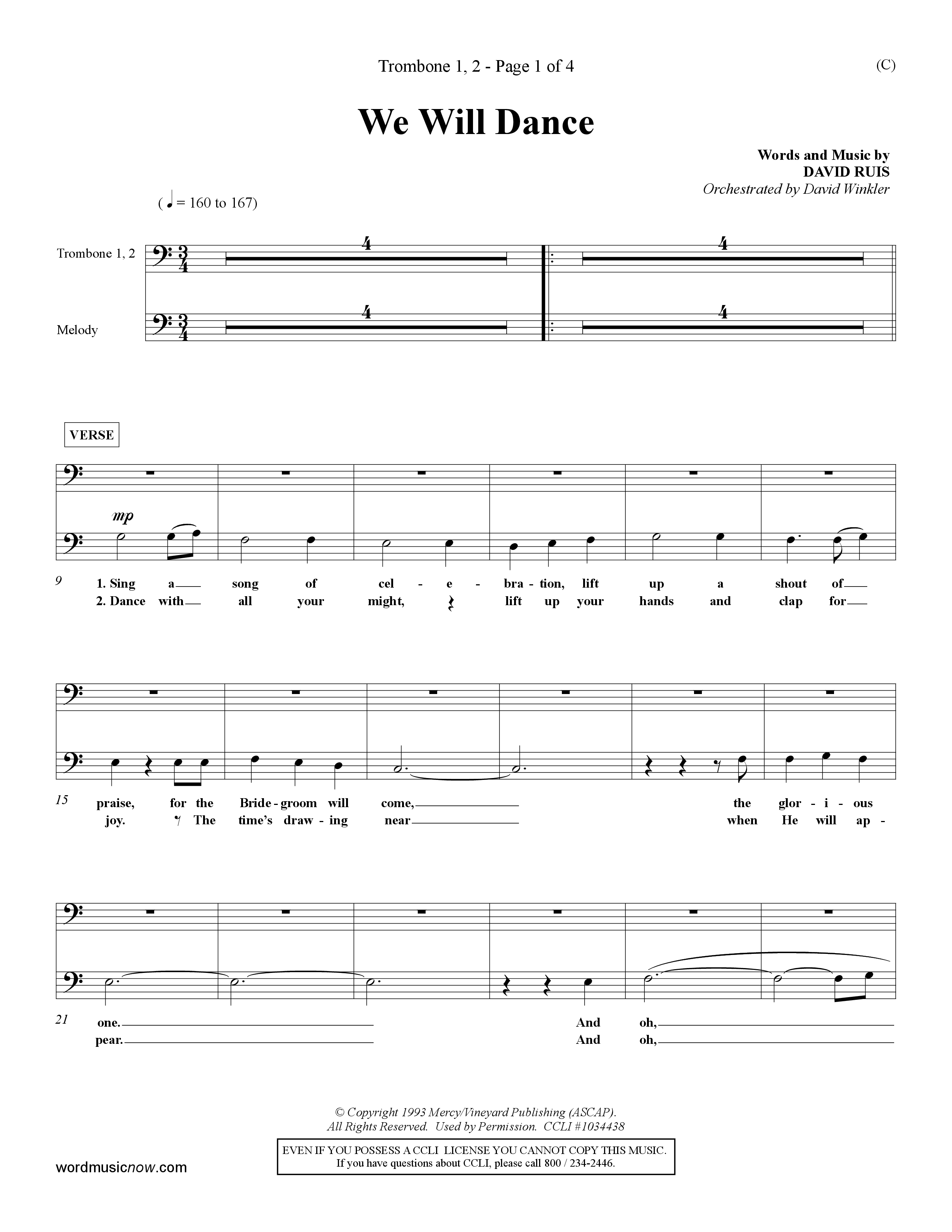 We Will Dance (Choral Anthem SATB) Trombone 1/2 (Word Music Choral / Orch. David Winkler)