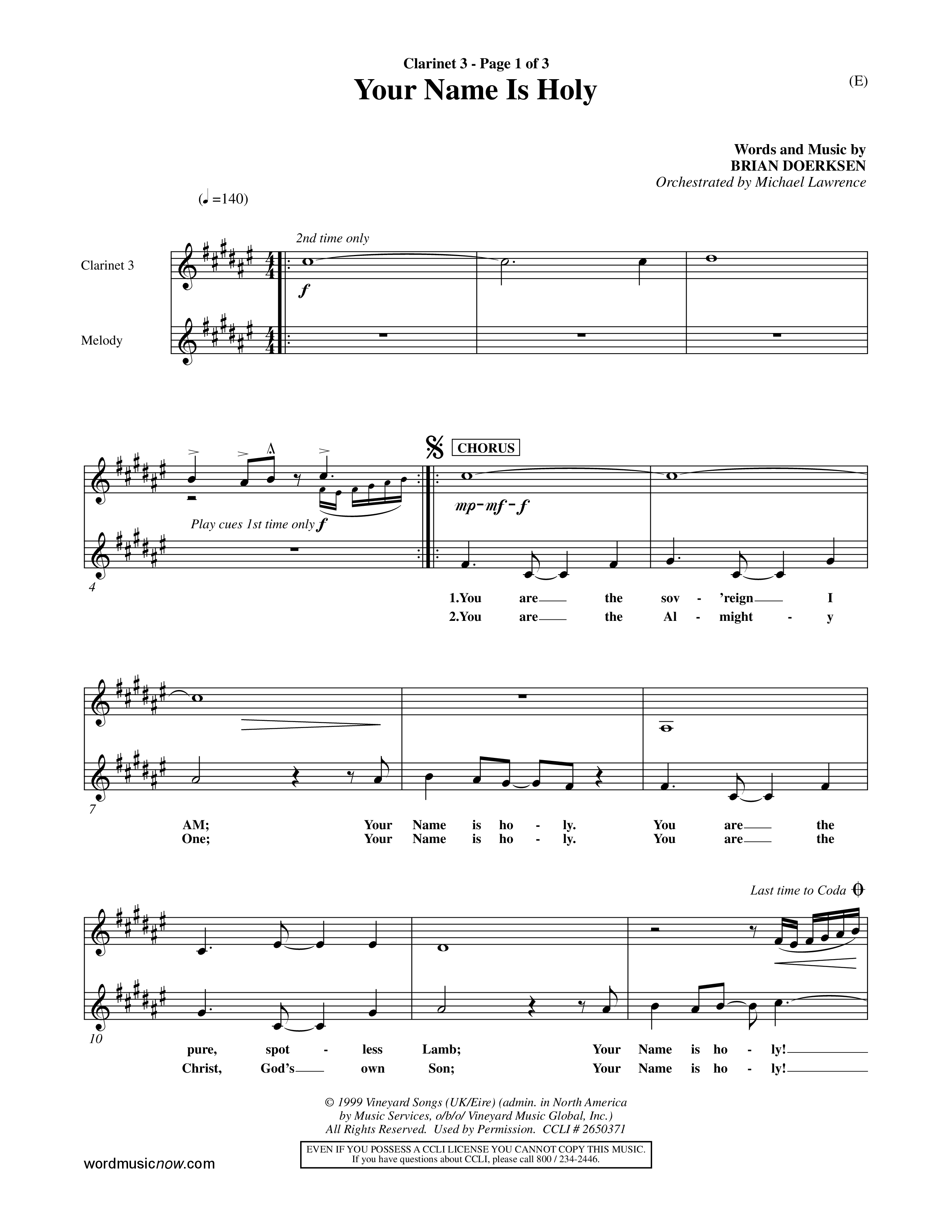 Your Name Is Holy (Choral Anthem SATB) Clarinet 3 (Word Music Choral / Orch. Michael Lawrence)