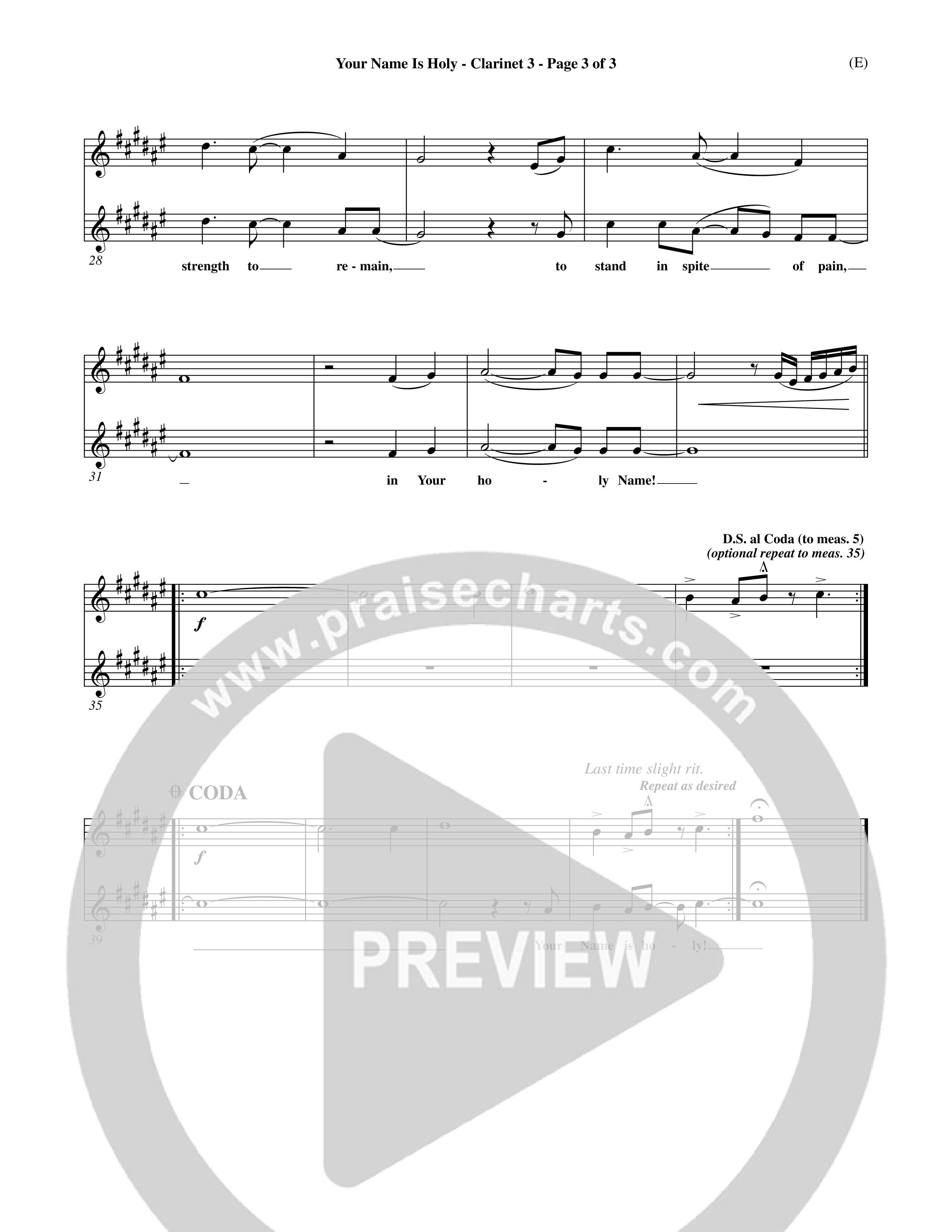 Your Name Is Holy (Choral Anthem SATB) Clarinet 3 (Word Music Choral / Orch. Michael Lawrence)