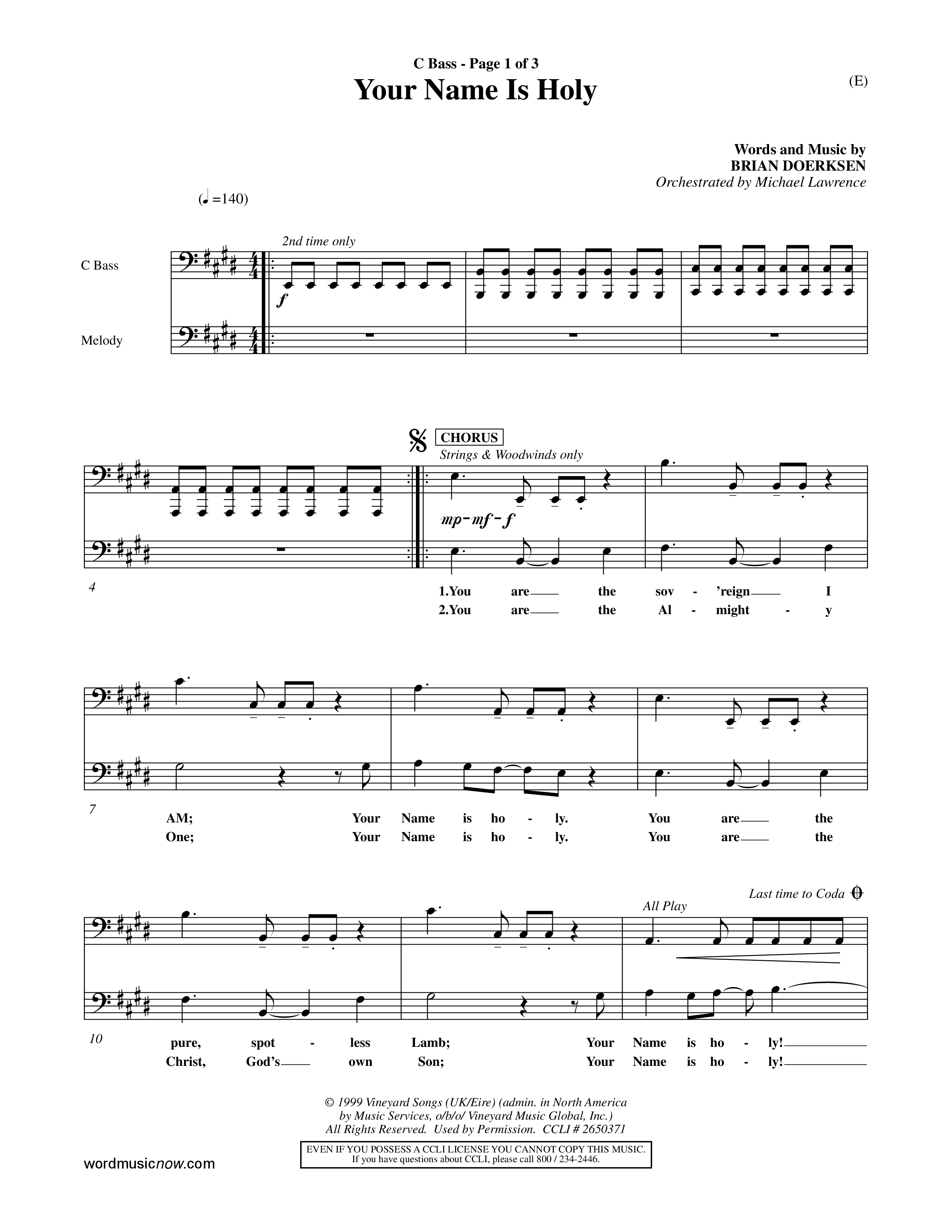 Your Name Is Holy (Choral Anthem SATB) Contrabass (Word Music Choral / Orch. Michael Lawrence)