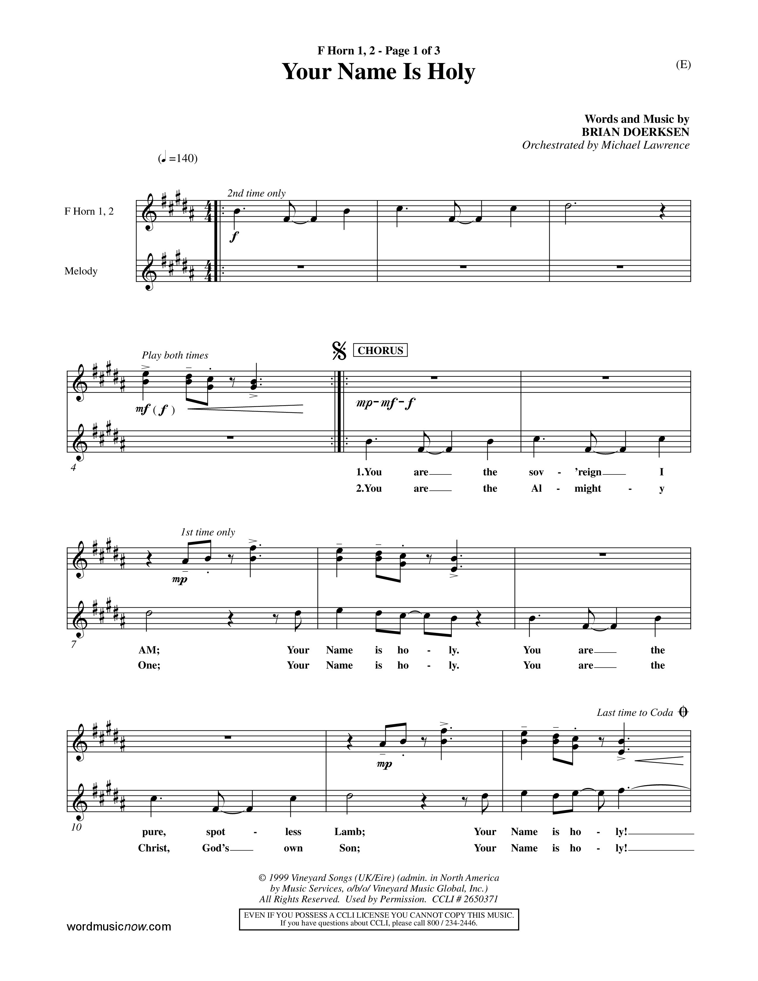 Your Name Is Holy (Choral Anthem SATB) French Horn (Word Music Choral / Orch. Michael Lawrence)