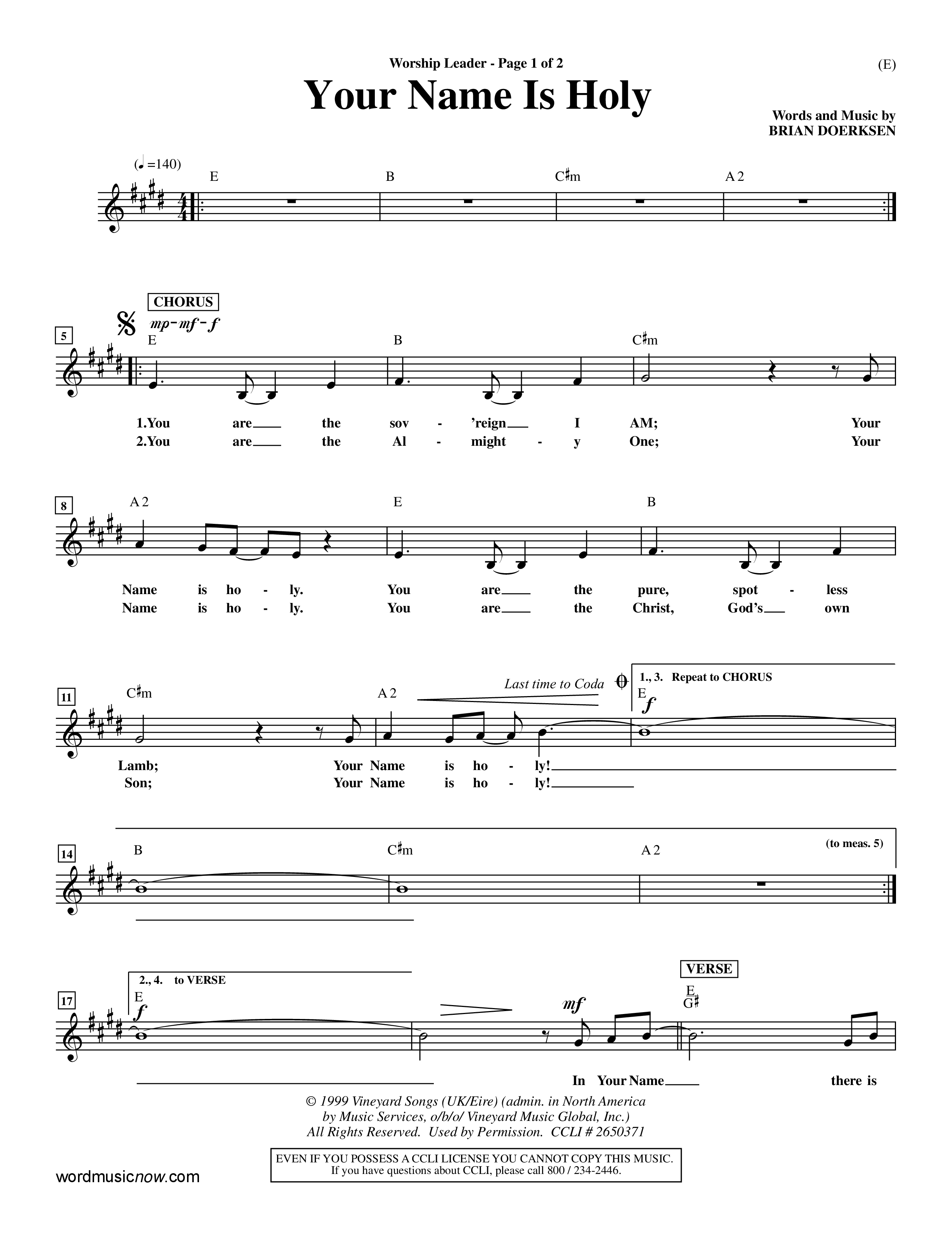 Your Name Is Holy (Choral Anthem SATB) Lead Sheet (Mel) (Word Music Choral / Orch. Michael Lawrence)