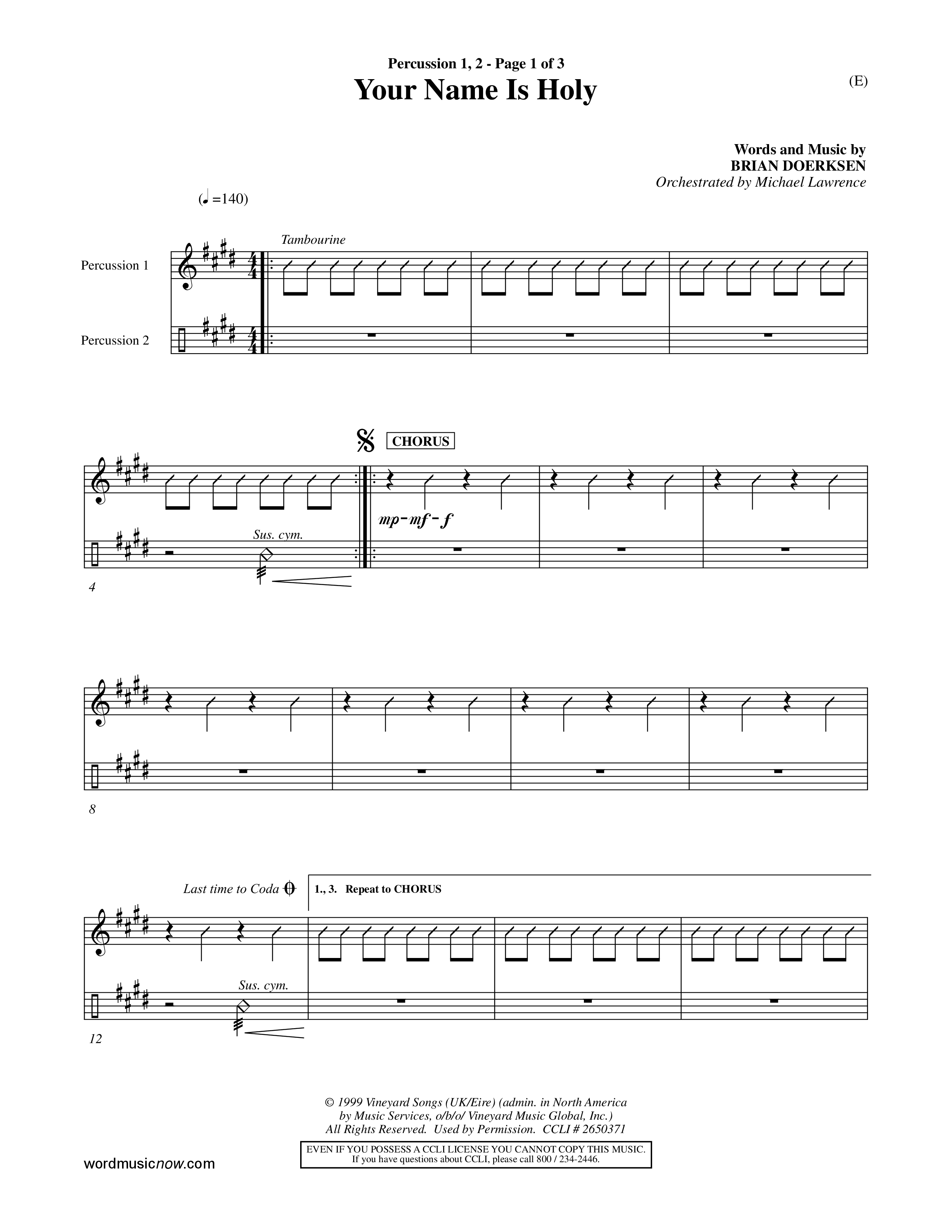 Your Name Is Holy (Choral Anthem SATB) Percussion 1/2 (Word Music Choral / Orch. Michael Lawrence)