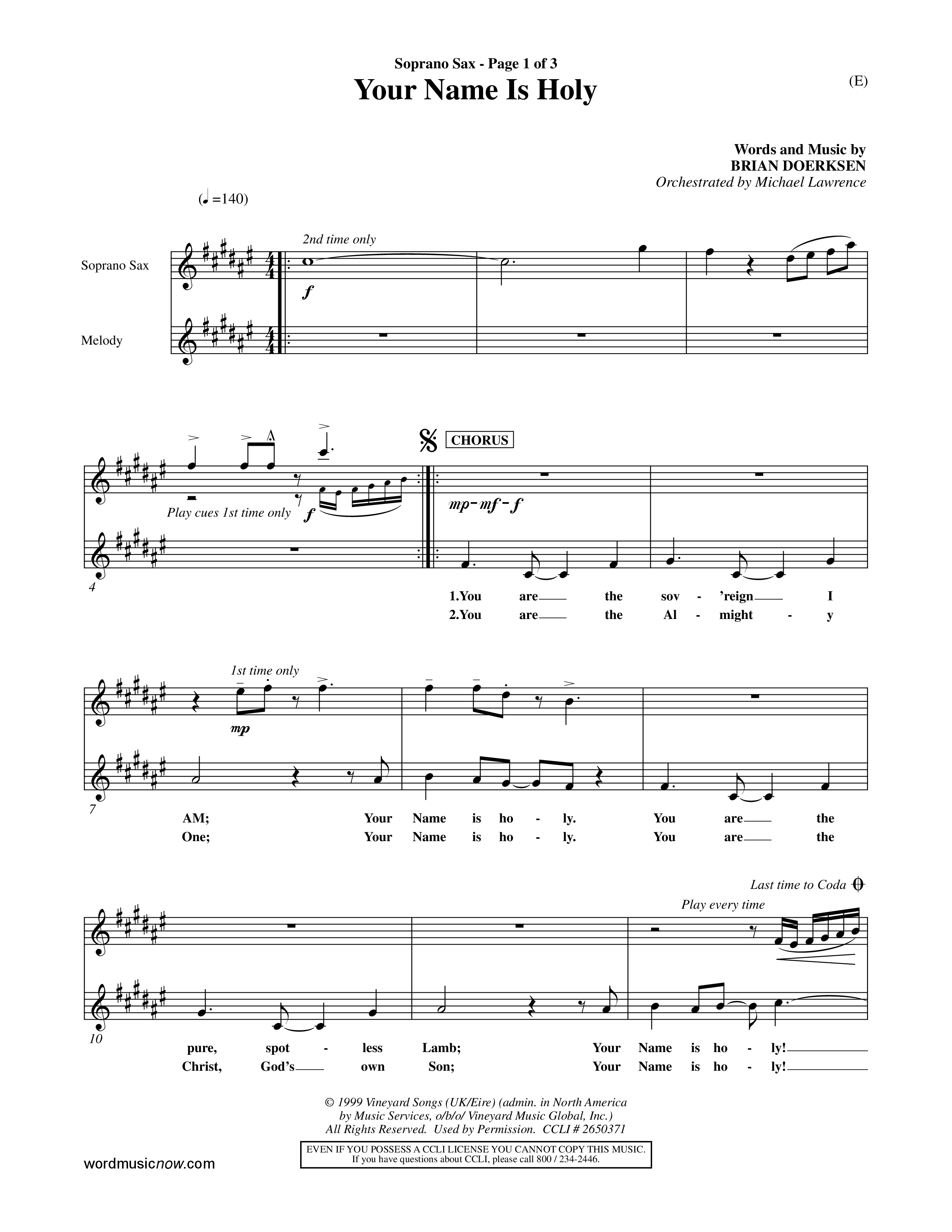 Your Name Is Holy (Choral Anthem SATB) Saxophone (Word Music Choral / Orch. Michael Lawrence)