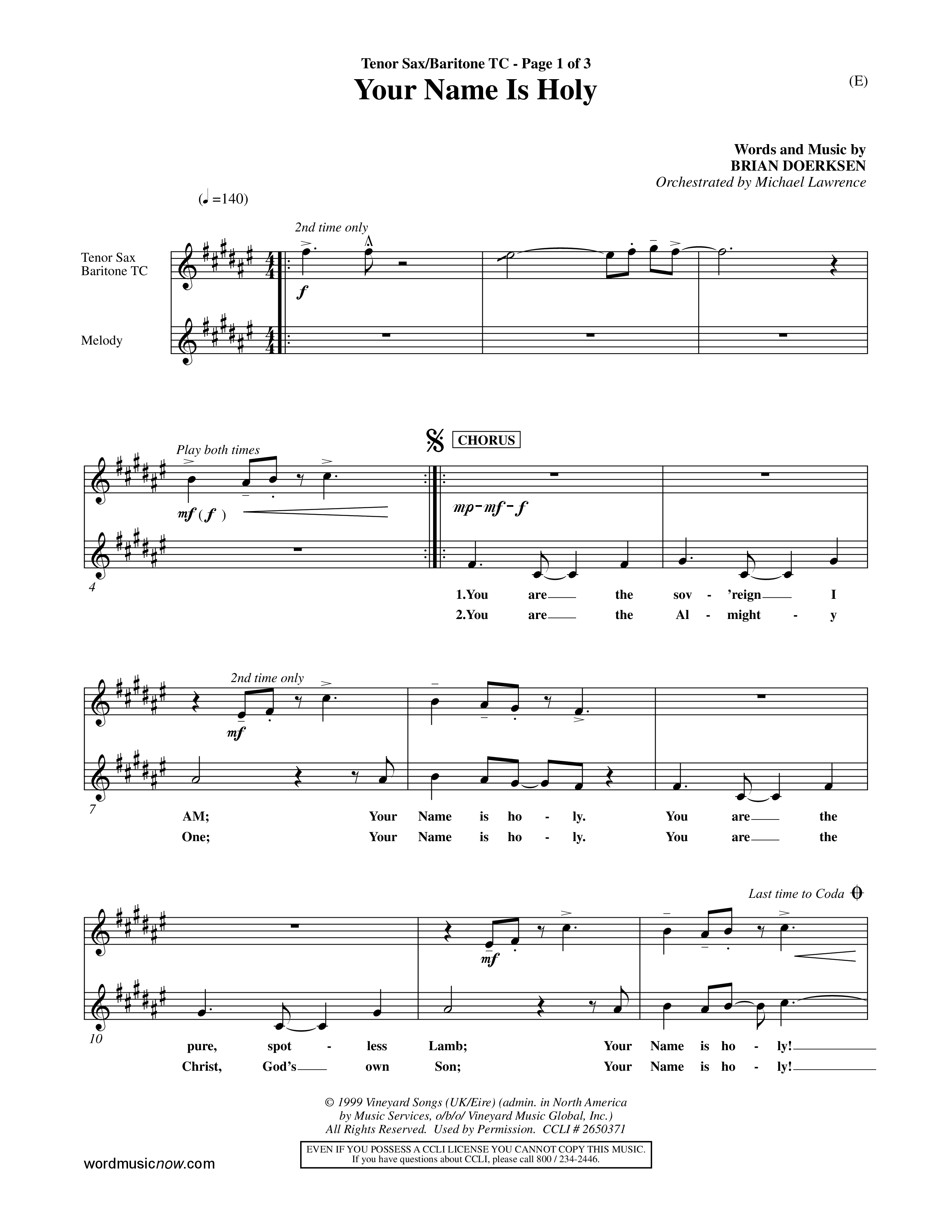 Your Name Is Holy (Choral Anthem SATB) Tenor Sax/Baritone T.C. (Word Music Choral / Orch. Michael Lawrence)
