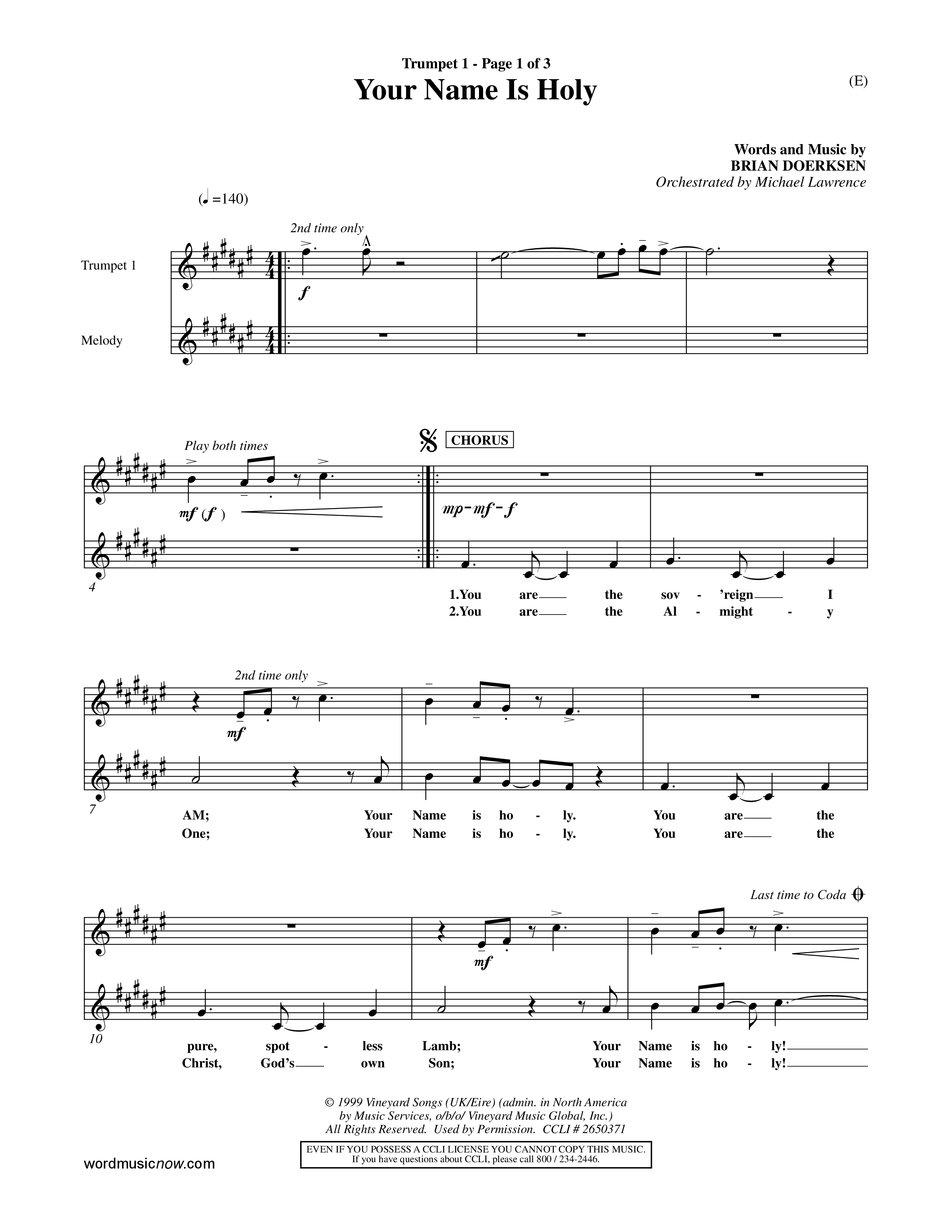 Your Name Is Holy (Choral Anthem SATB) Trumpet 1 (Word Music Choral / Orch. Michael Lawrence)