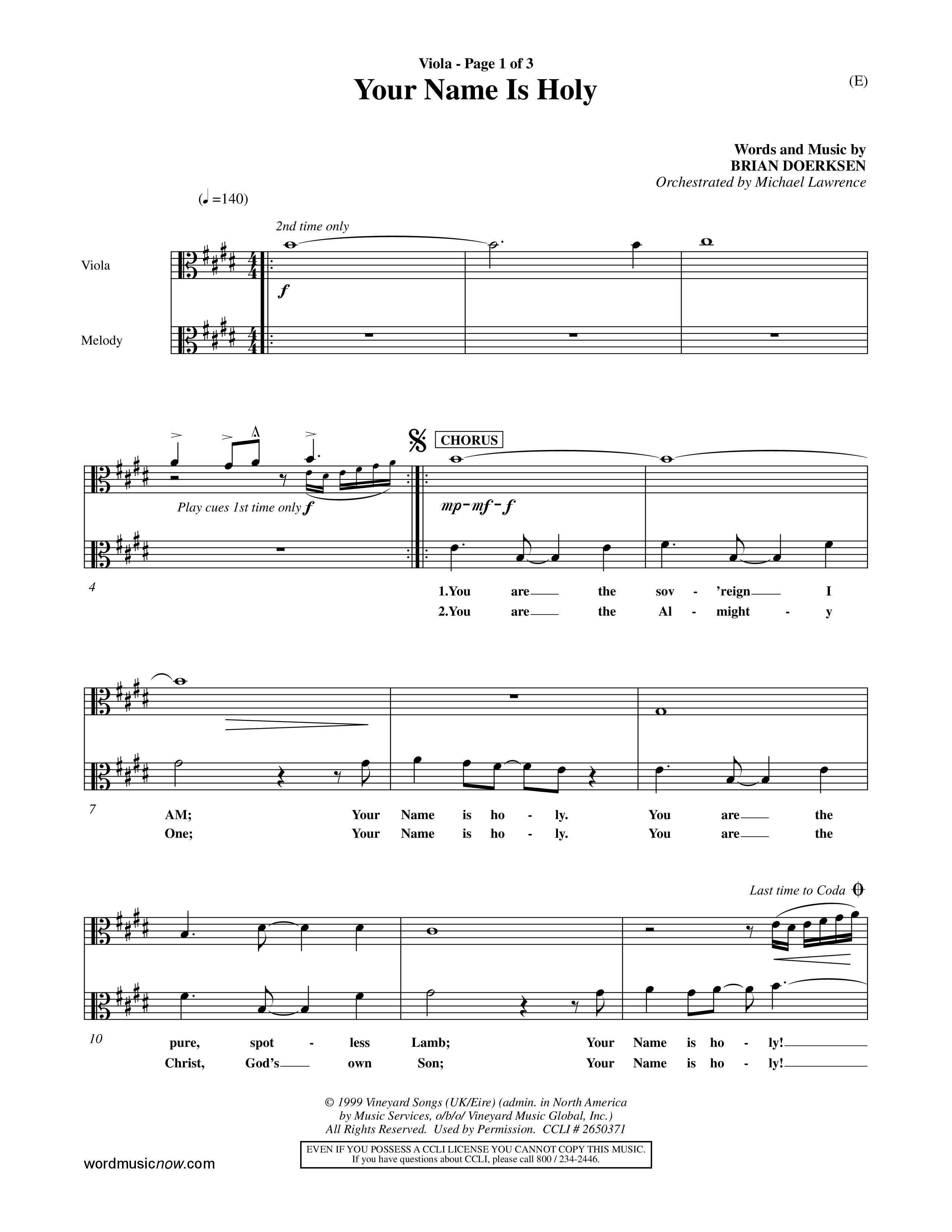 Your Name Is Holy (Choral Anthem SATB) Viola (Word Music Choral / Orch. Michael Lawrence)