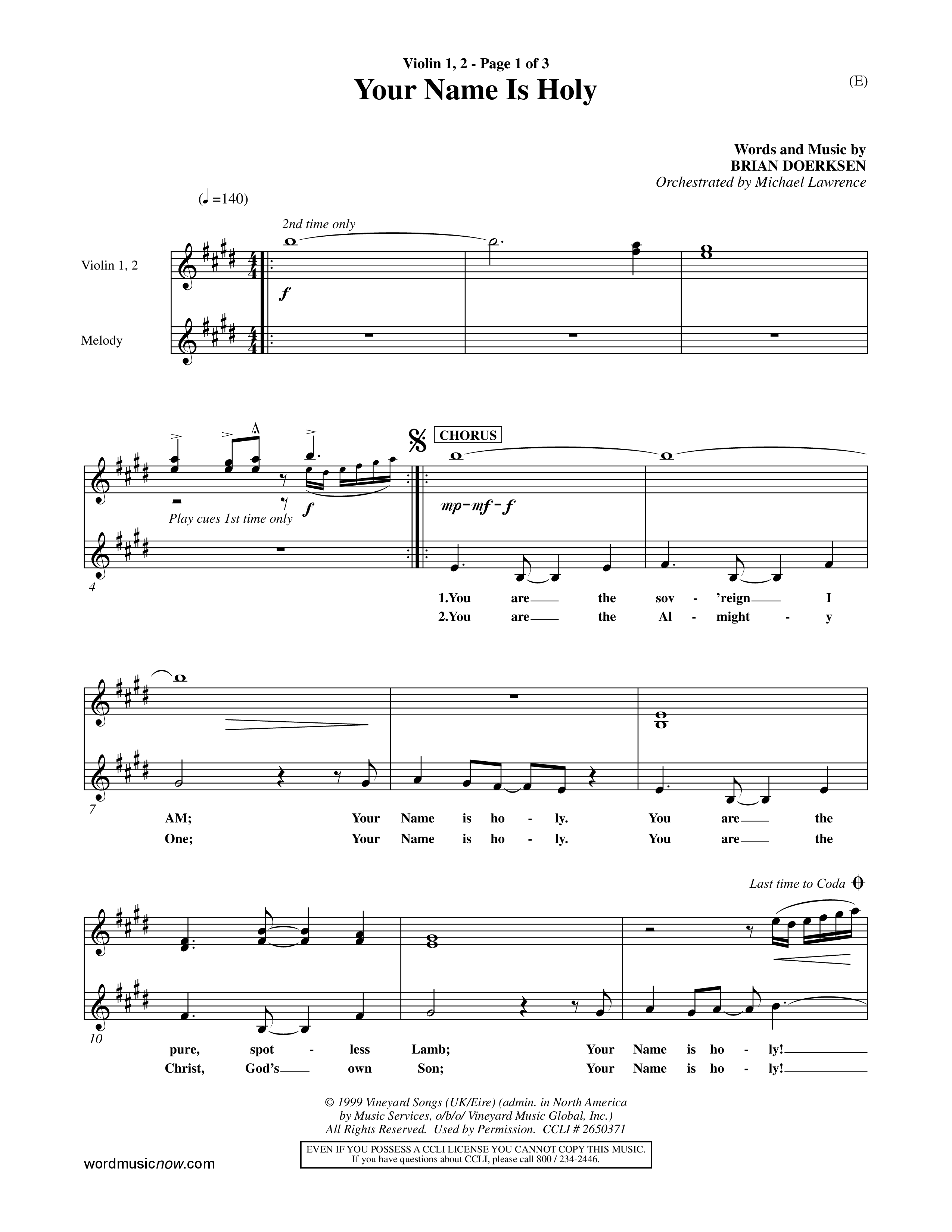 Your Name Is Holy (Choral Anthem SATB) Violin 1/2 (Word Music Choral / Orch. Michael Lawrence)
