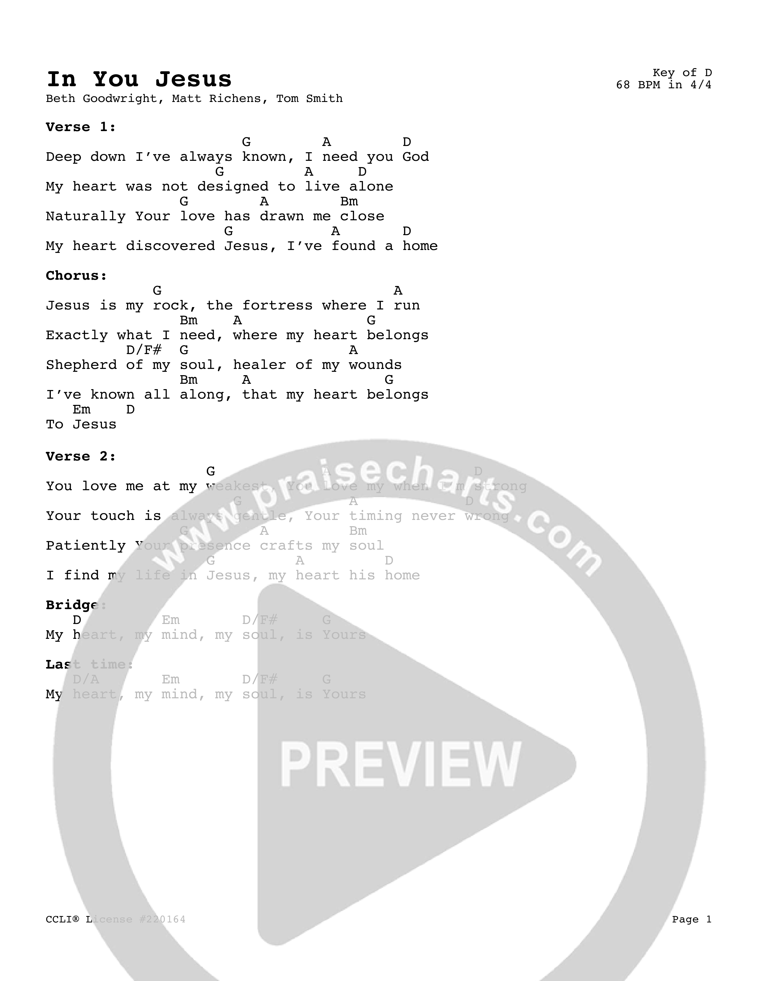 In You Jesus (Live) Chord Chart (Vineyard Worship)