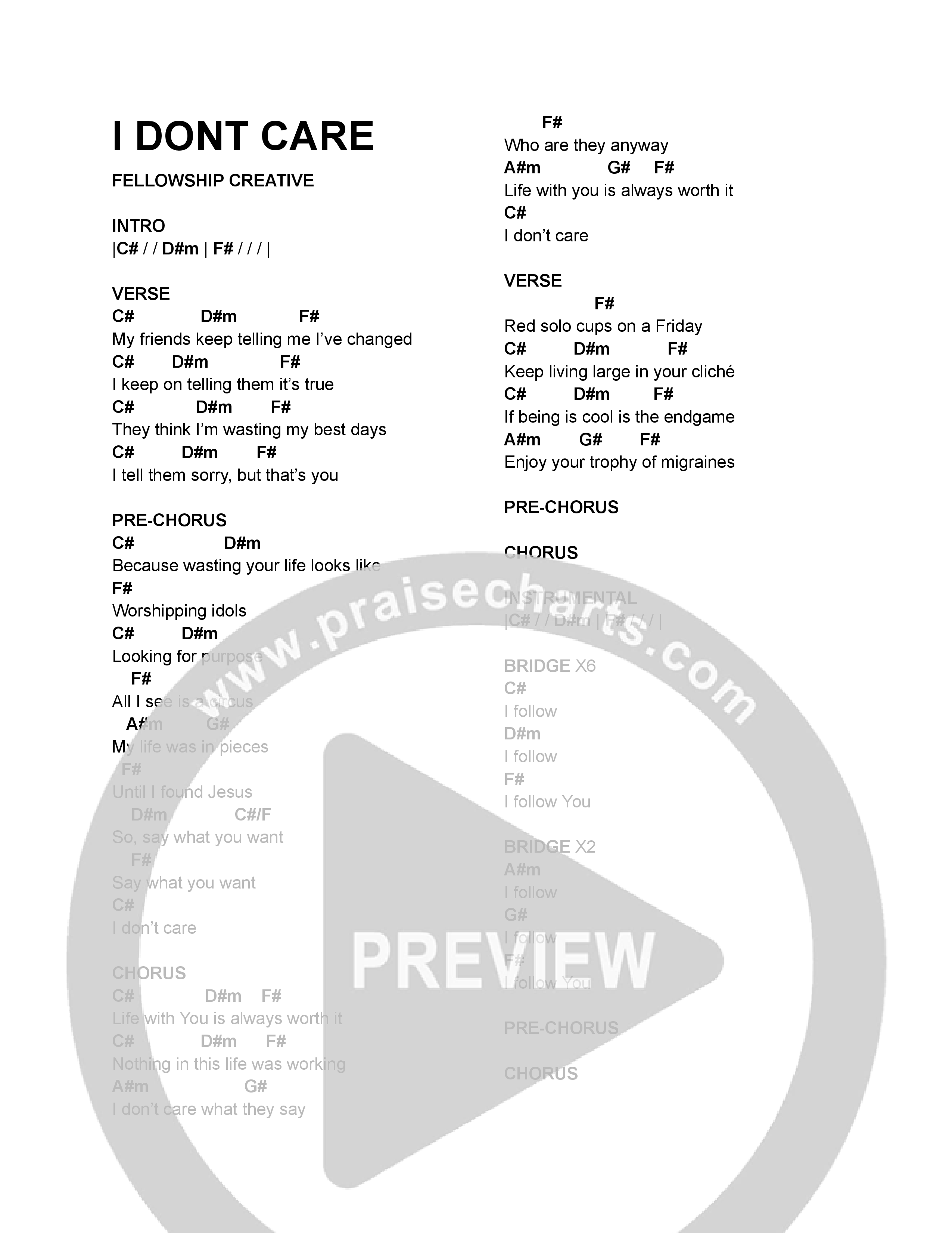 I Don't Care (Live) Chord Chart (Fellowship Creative)