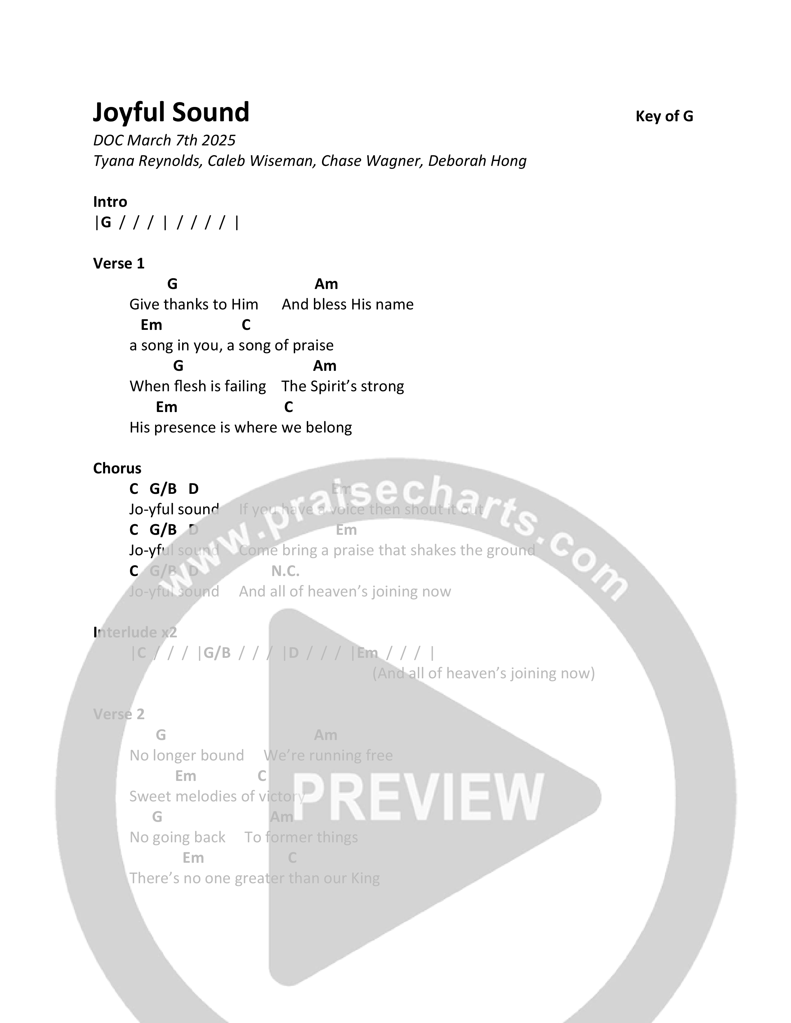 Joyful Sound (Live) Chord Chart (Grace City & Chase Wagner)