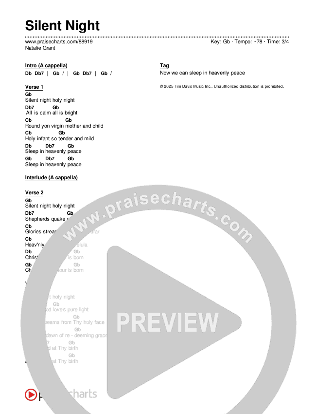 Silent Night Chords & Lyrics (Natalie Grant)