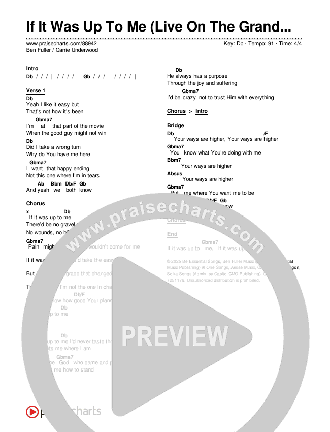 If It Was Up To Me (Live On The Grand Ole Opry) Chords & Lyrics (Ben Fuller / Carrie Underwood)