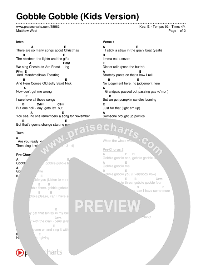 Gobble Gobble (Kids Version) Chords & Lyrics (Matthew West)